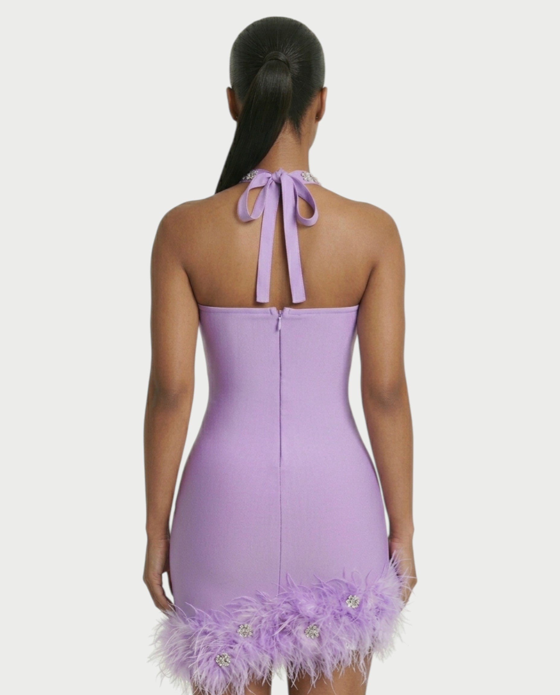 QUENCY Crystal Halter Feather Trim Mini Dress