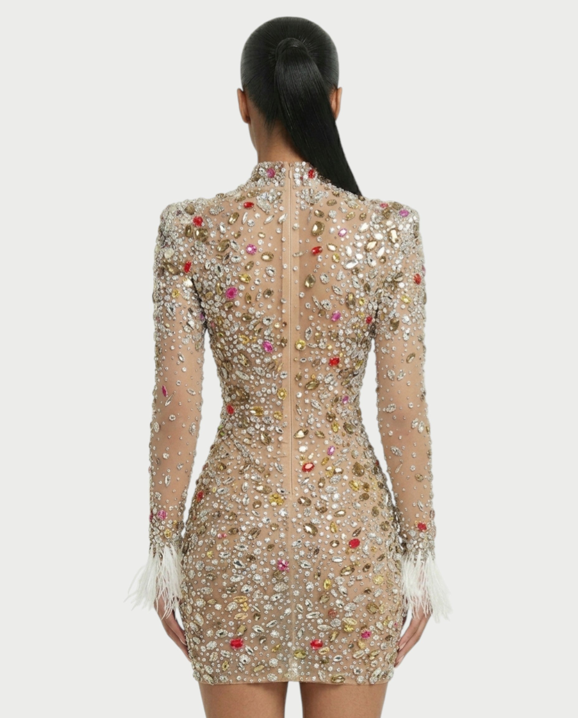 DIMERY Jeweled Feather Cuffs Mesh Mini Dress