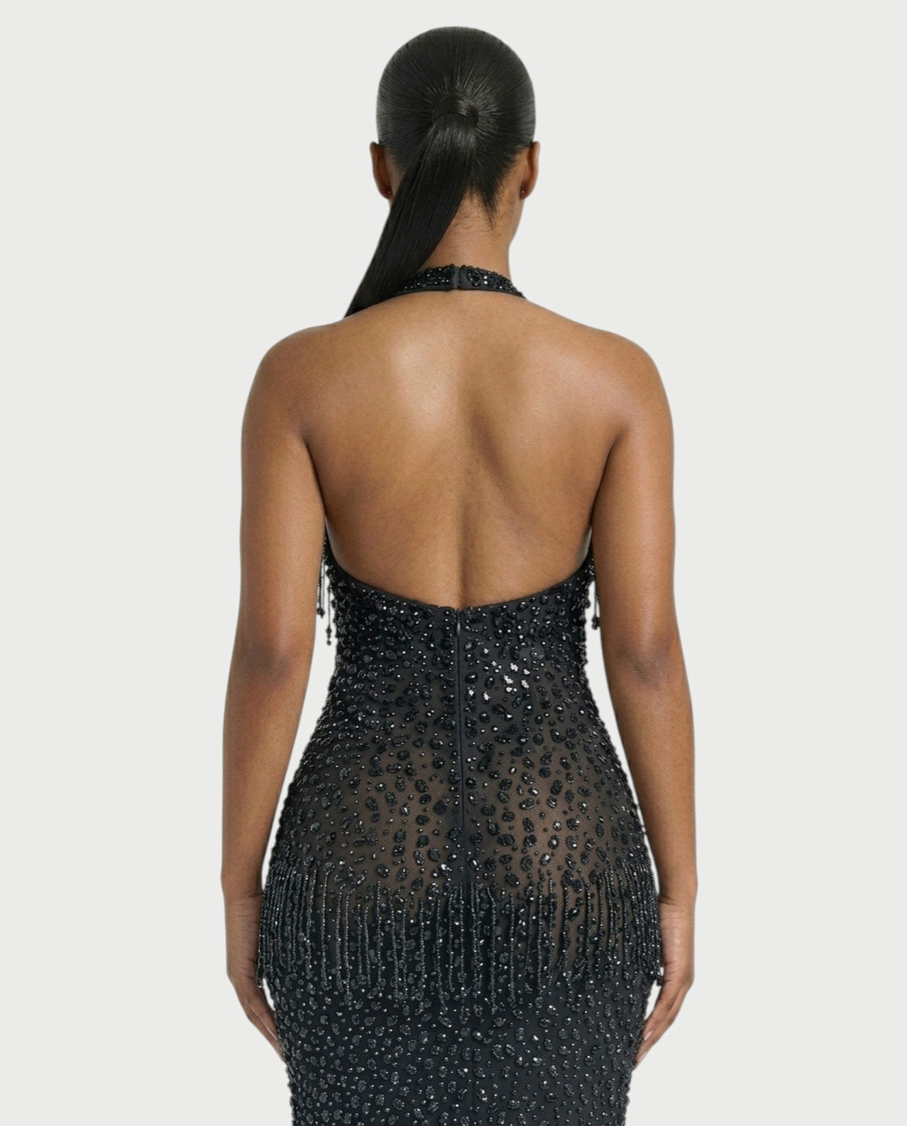 MYRIZ Rhinestone Halter Draped Tassel Maxi Dress