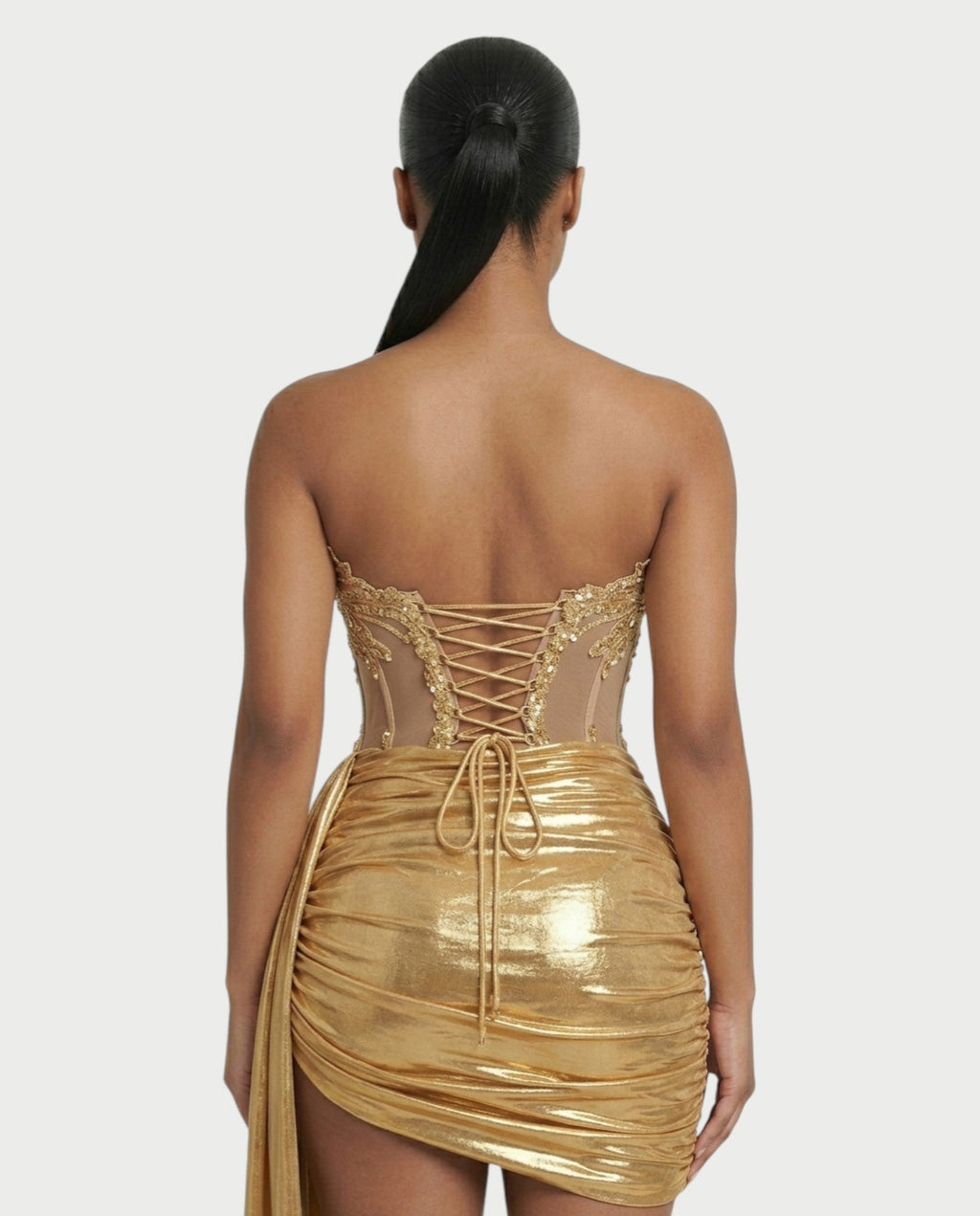 YUINE Lace-Up Draped Corset Mini Dress