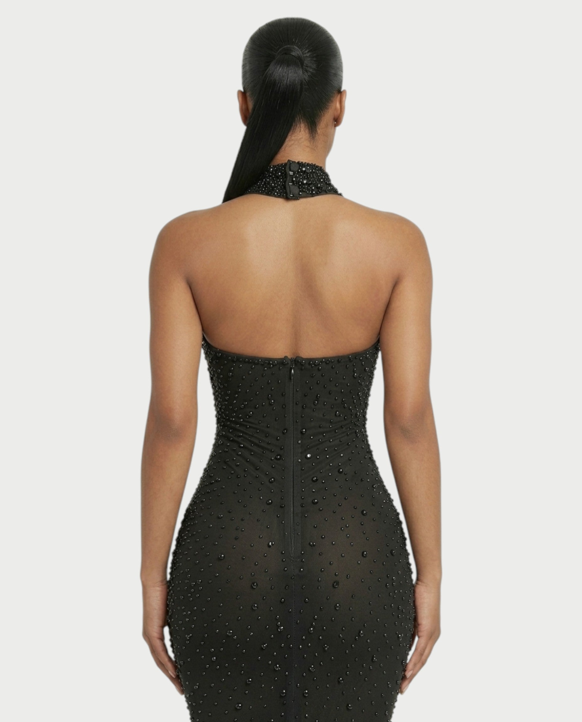 FUERA Rhinestone Mesh Bodycon Maxi Dress