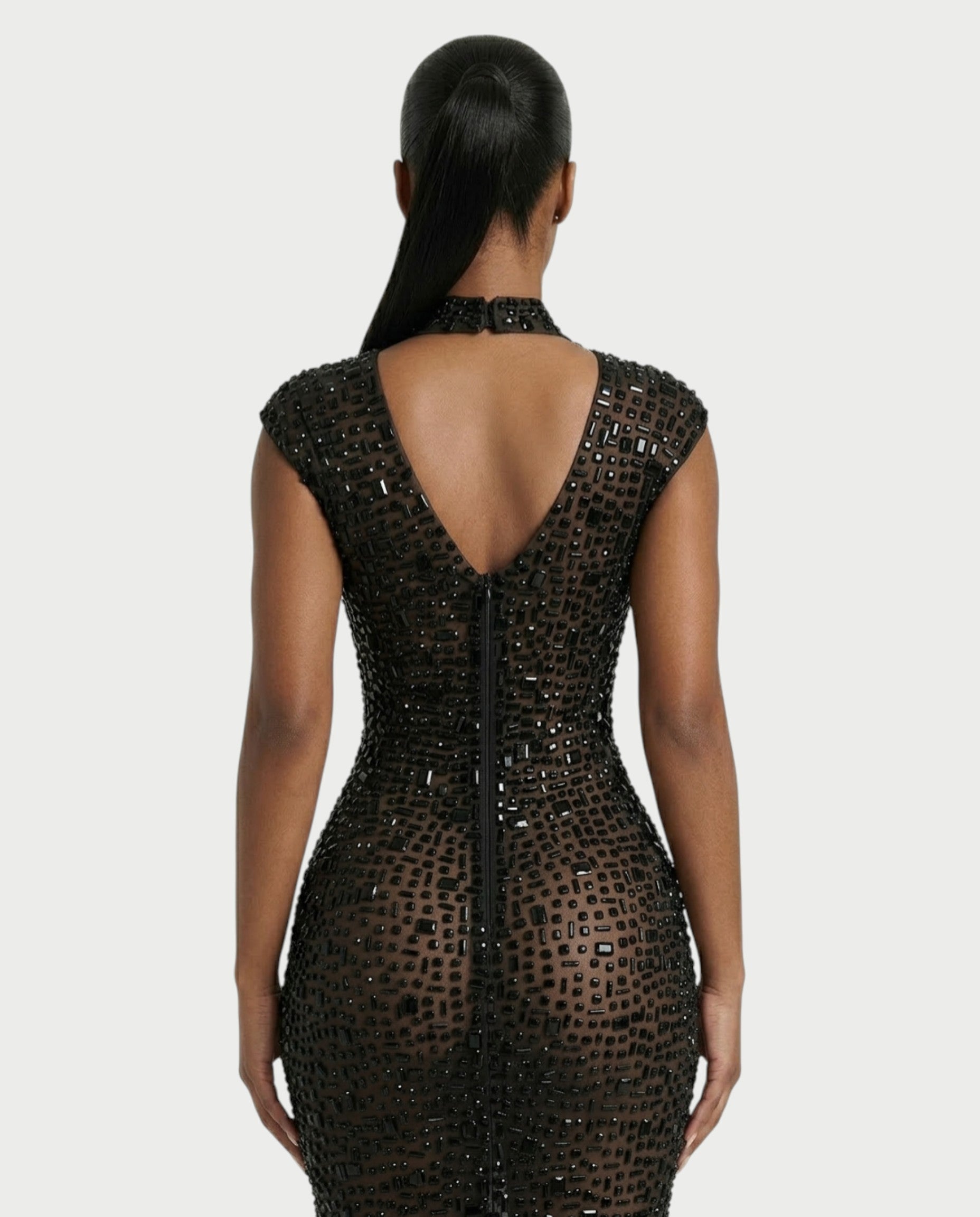 MORIA Crystal High-Neck Bodycon Maxi Dress