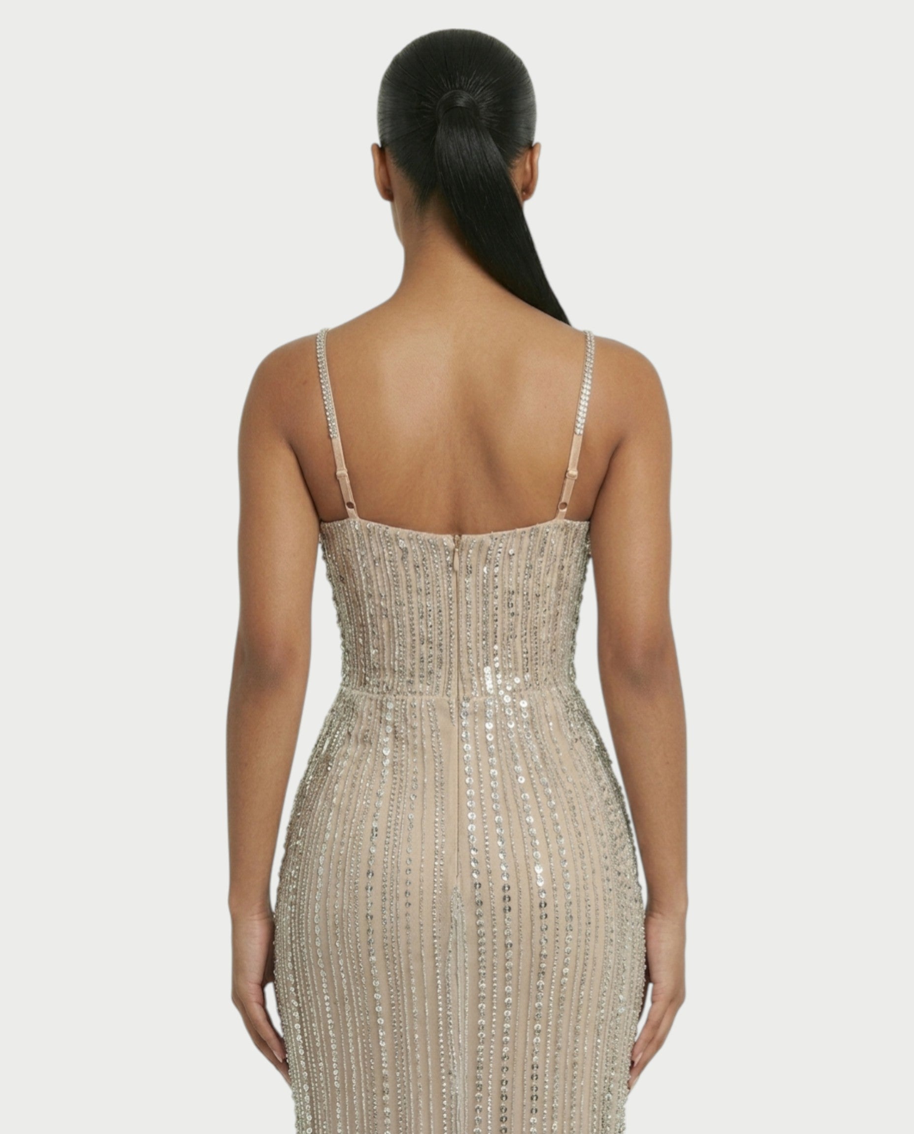 AERIS Crystal Fringe Sheer Corset Maxi Dress