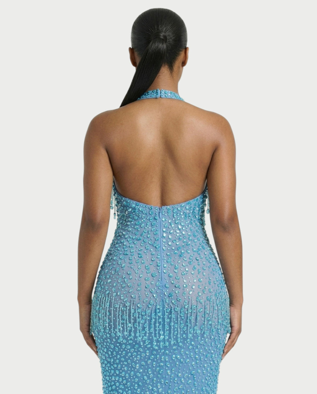 MYRIZ Rhinestone Halter Draped Tassel Maxi Dress