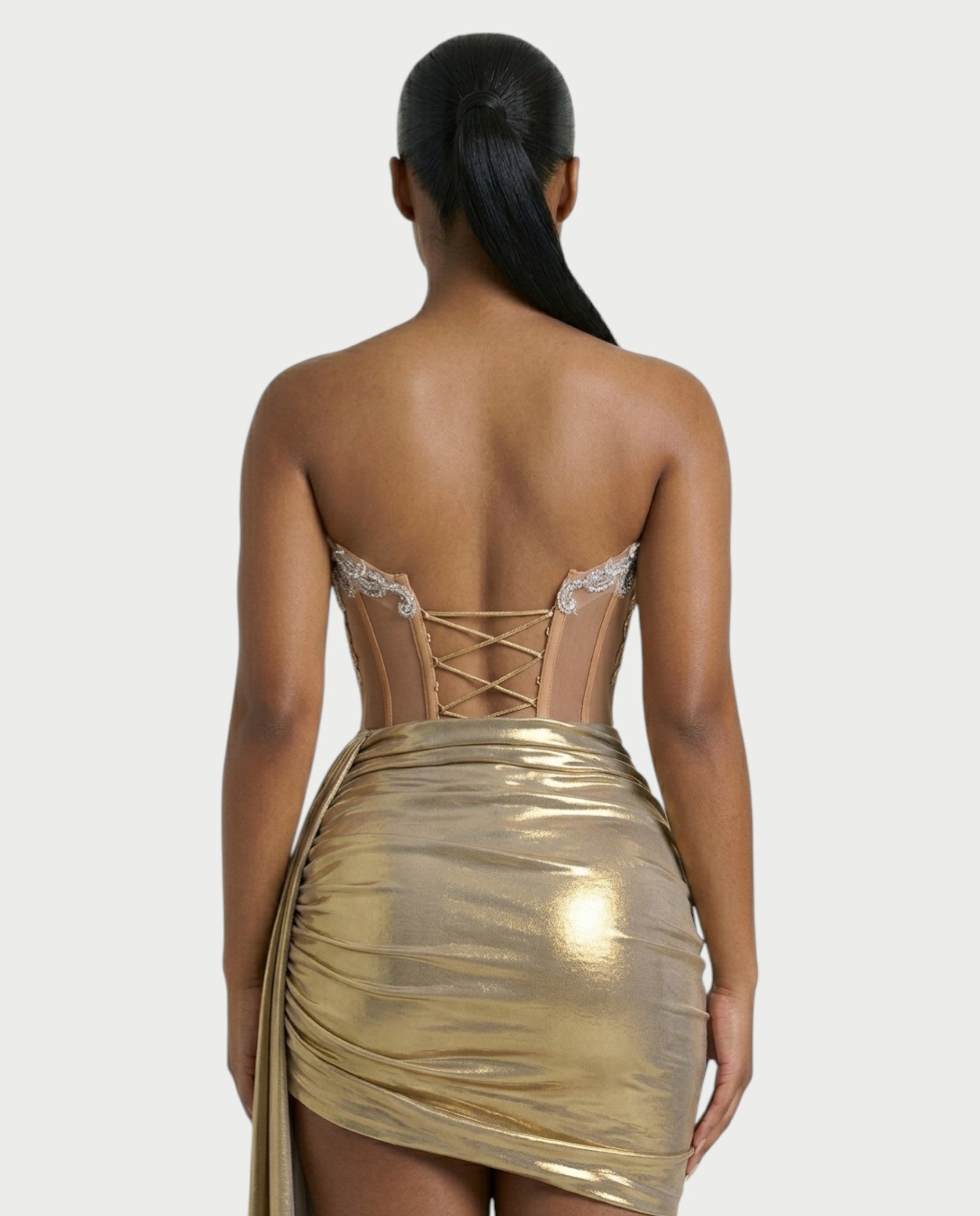 VIONE Strapless Embroidered Corset Mini Dress