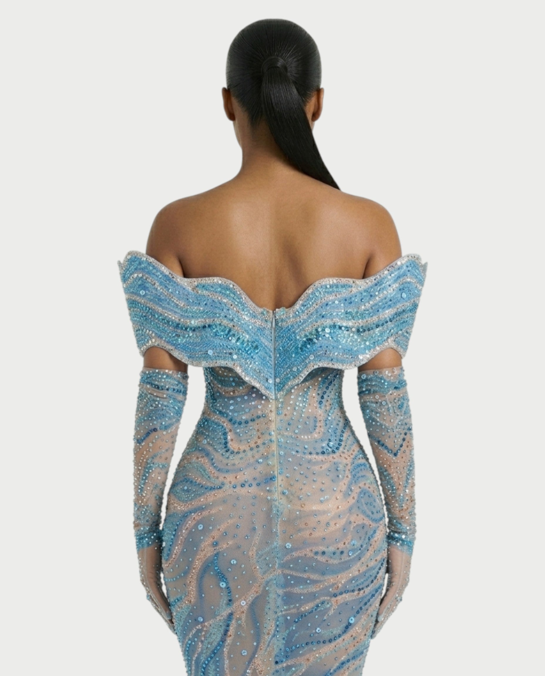 NELKA Rhinestone Off-Shoulder Mesh Maxi Dress