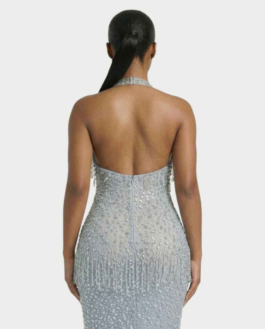 MYRIZ Rhinestone Halter Draped Tassel Maxi Dress