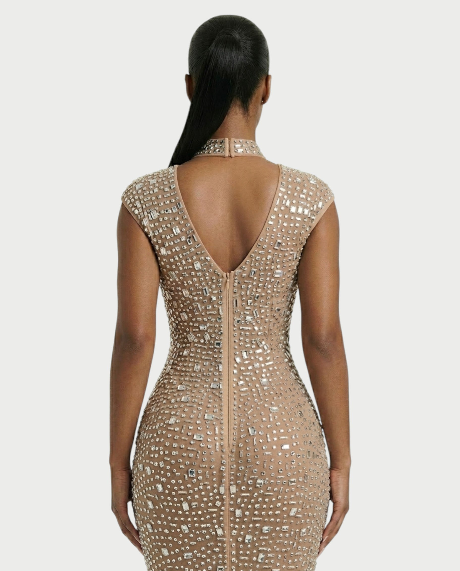 MORIA Crystal High-Neck Bodycon Maxi Dress