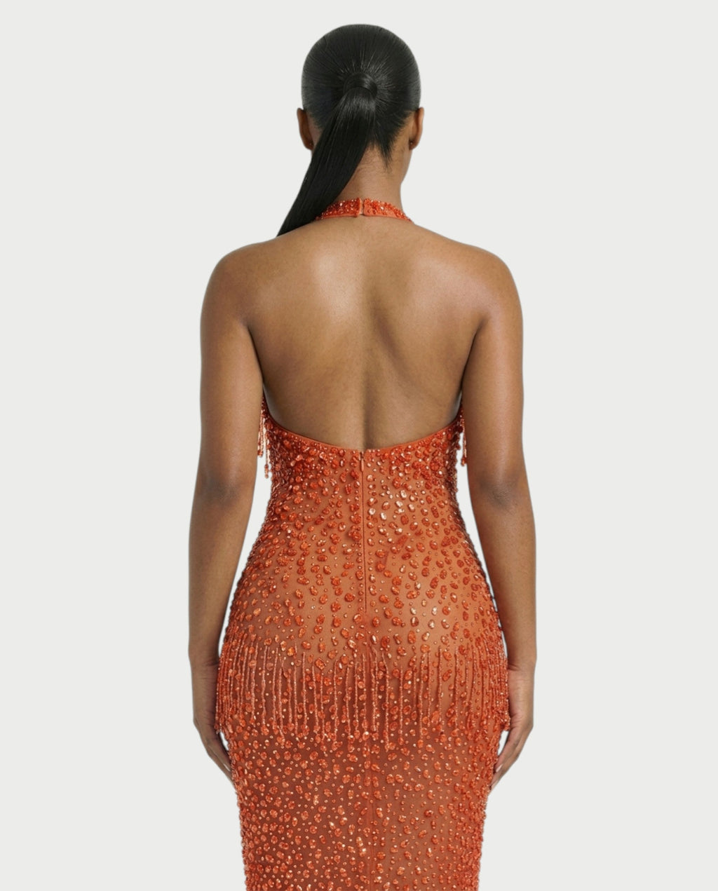 MYRIZ Rhinestone Halter Draped Tassel Maxi Dress