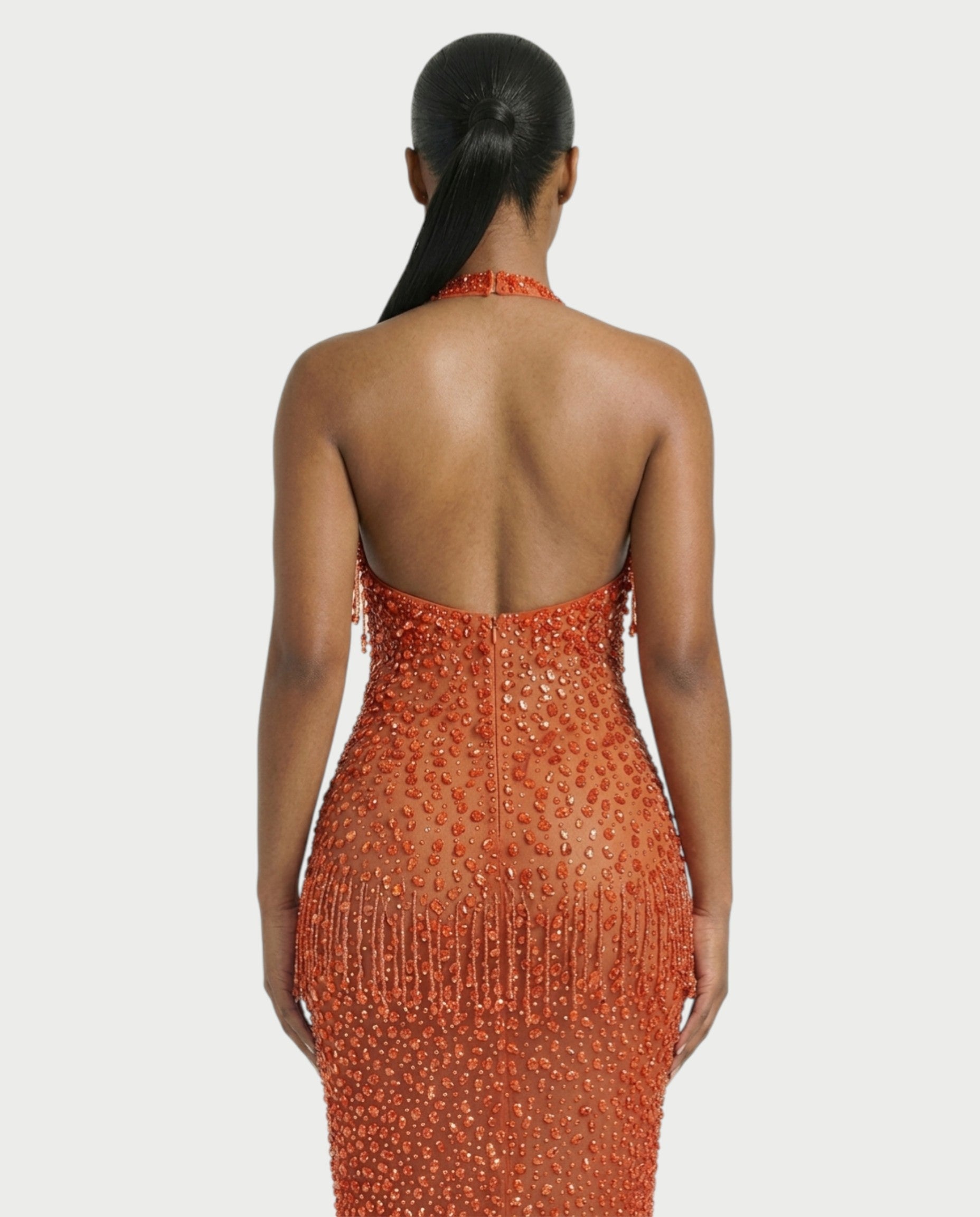 MYRIZ Rhinestone Halter Draped Tassel Maxi Dress