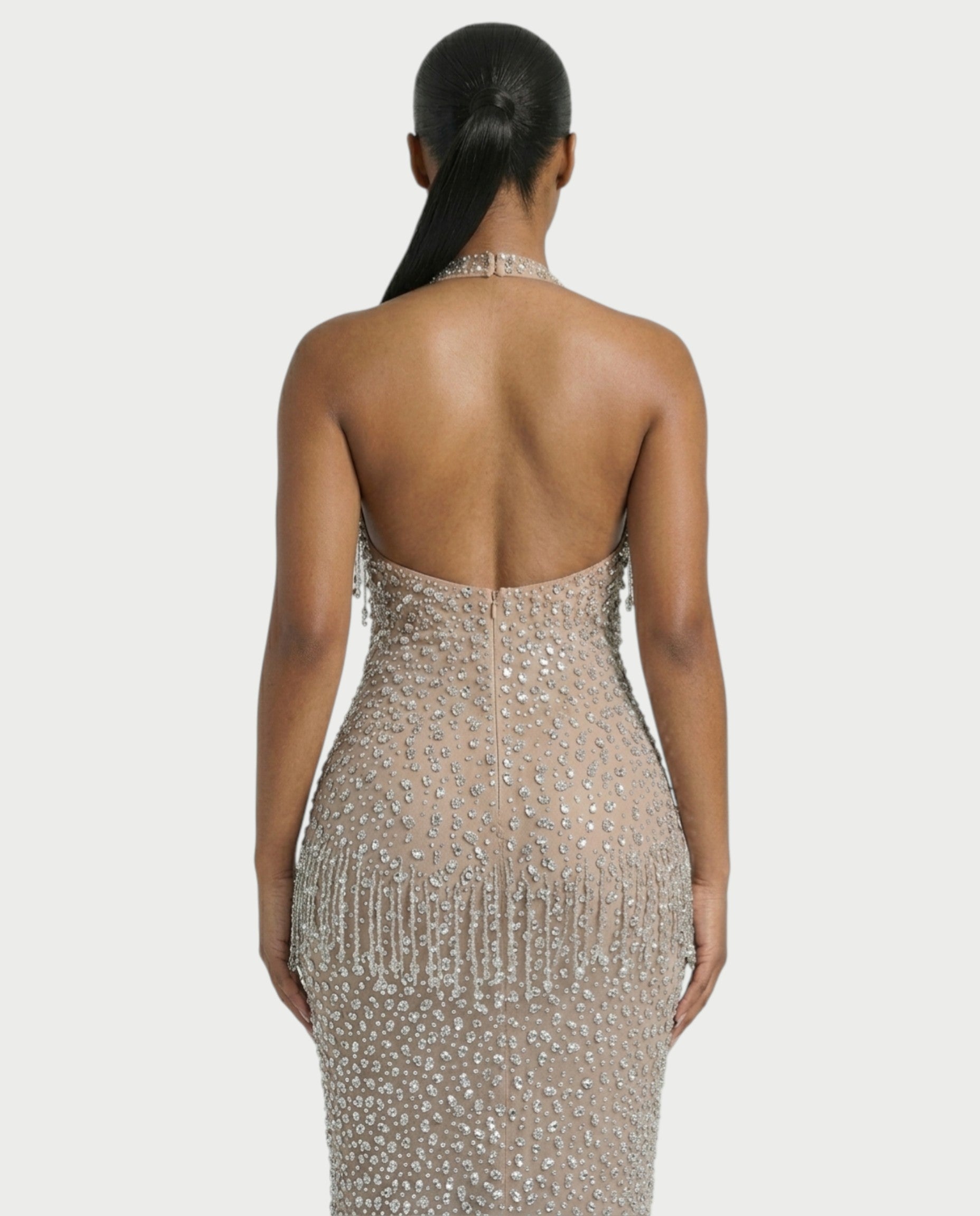 MYRIZ Rhinestone Halter Draped Tassel Maxi Dress