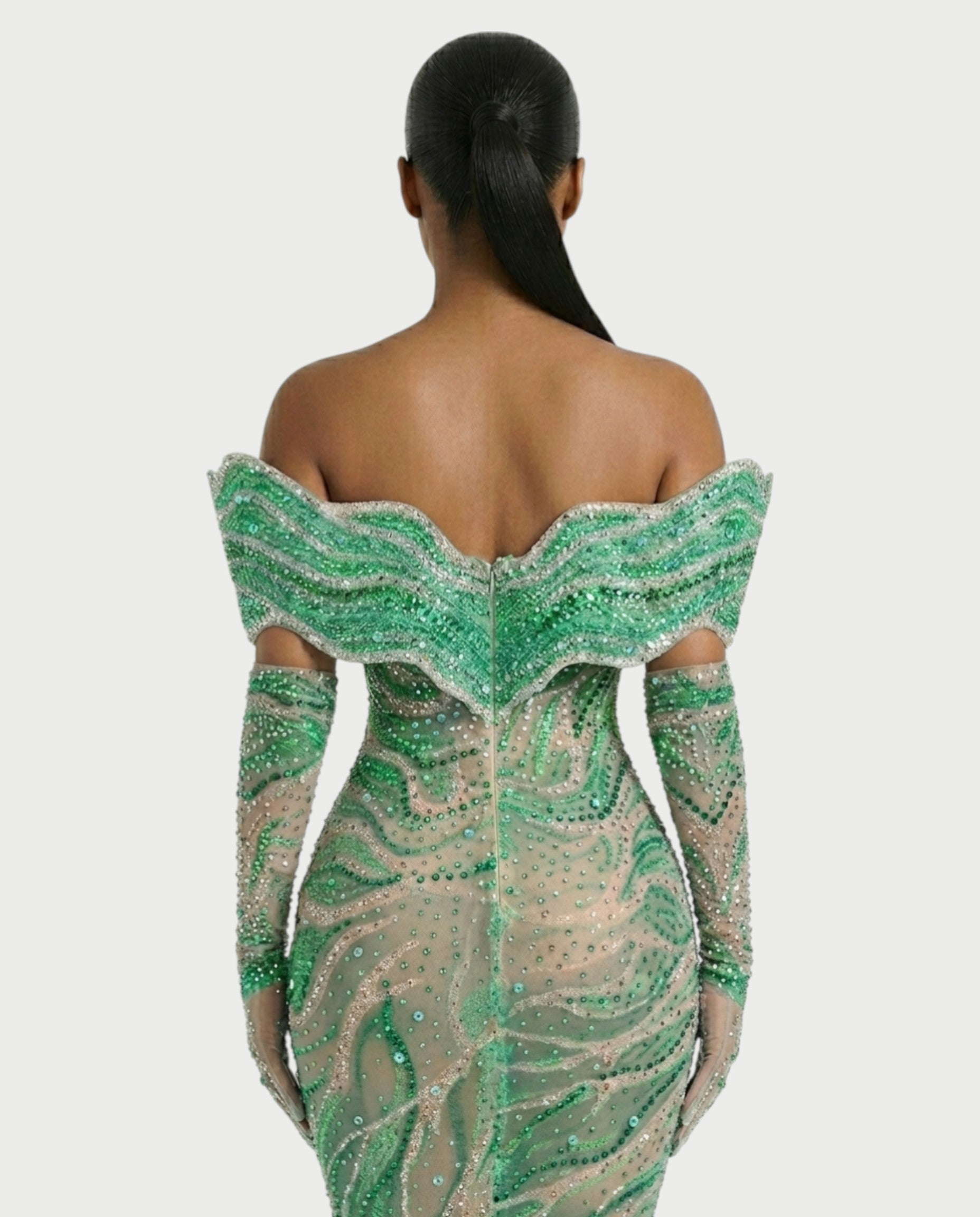 NELKA Rhinestone Off-Shoulder Mesh Maxi Dress