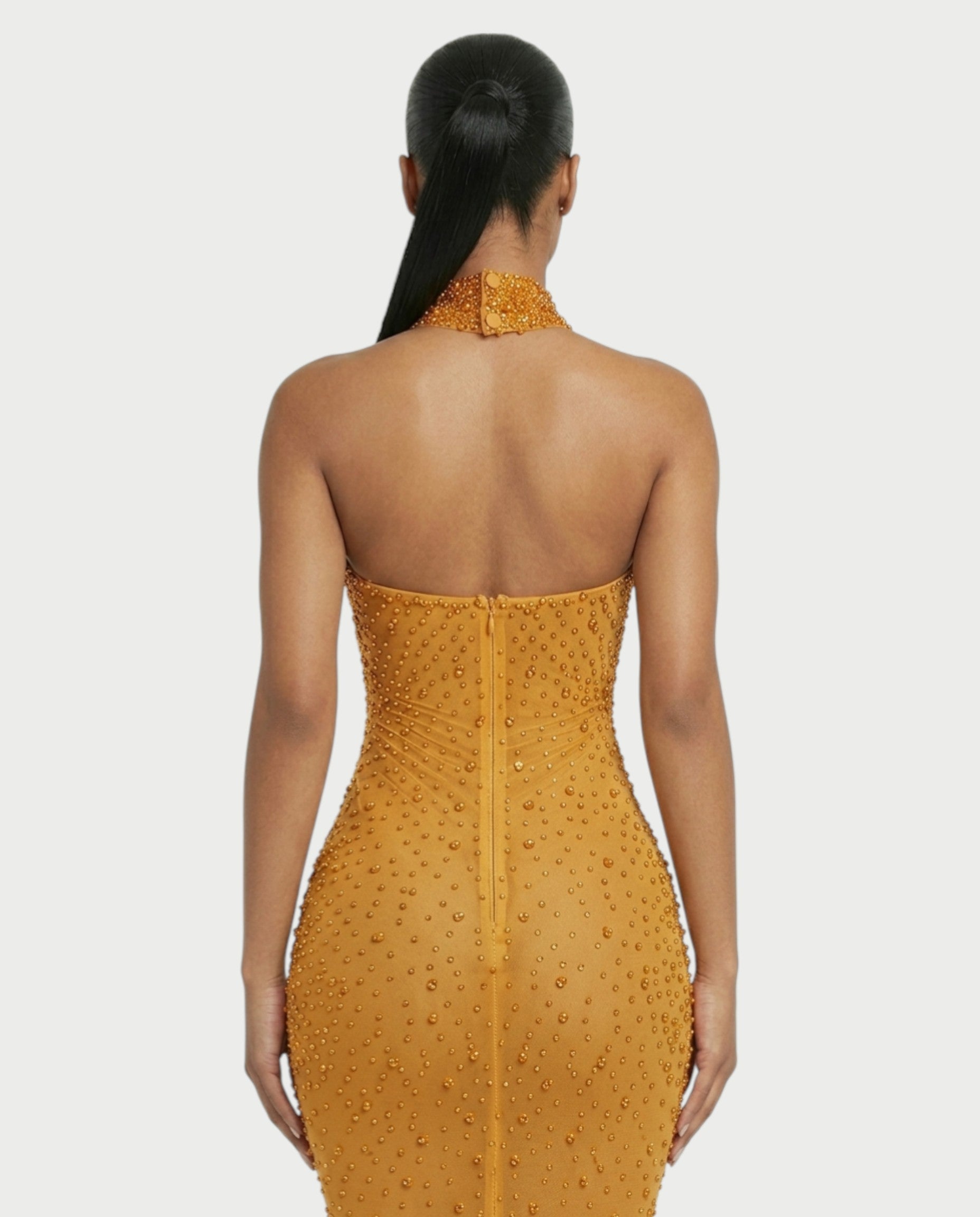 FUERA Rhinestone Mesh Bodycon Maxi Dress