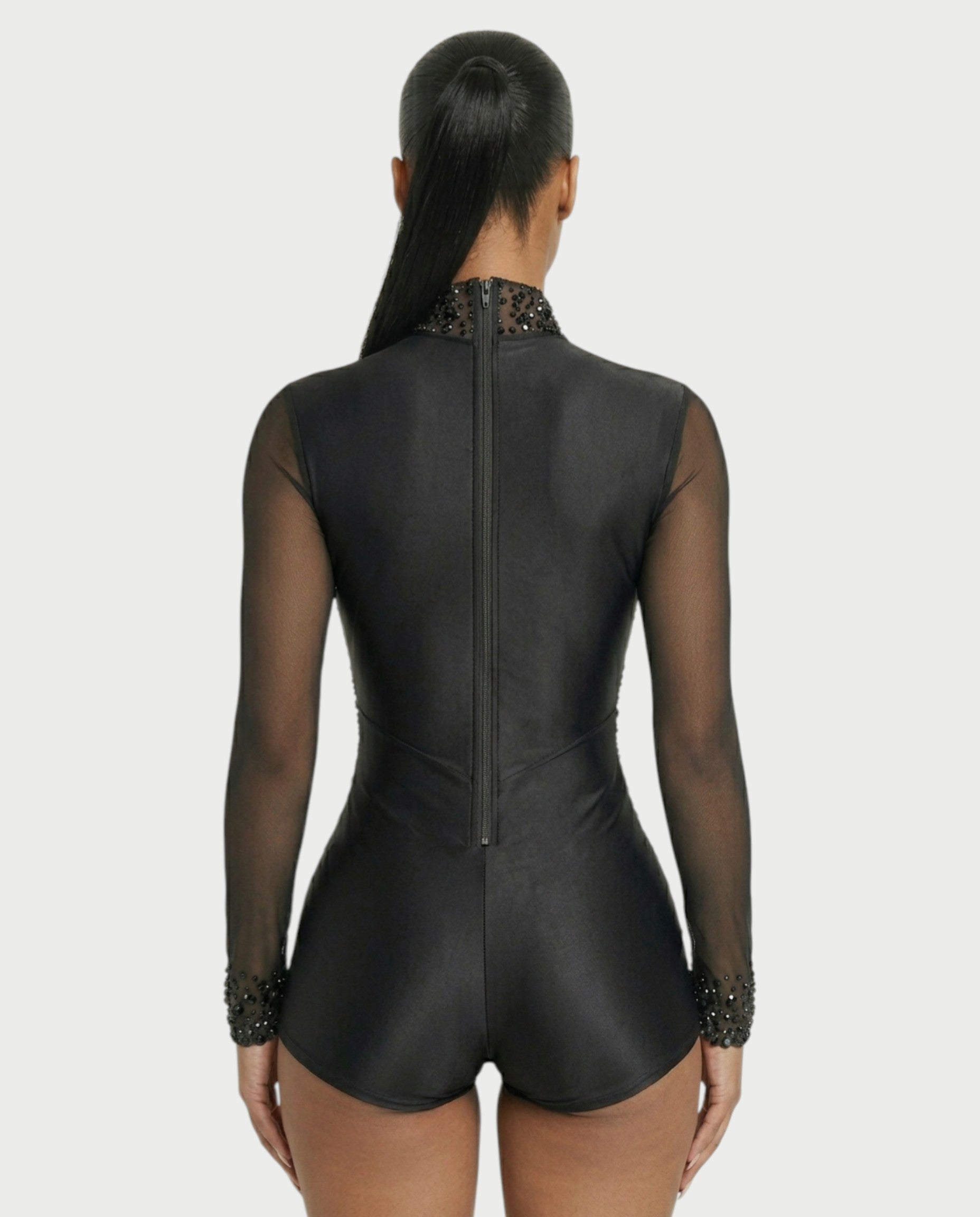 PERSY High-Neck Embellished Mesh Romper