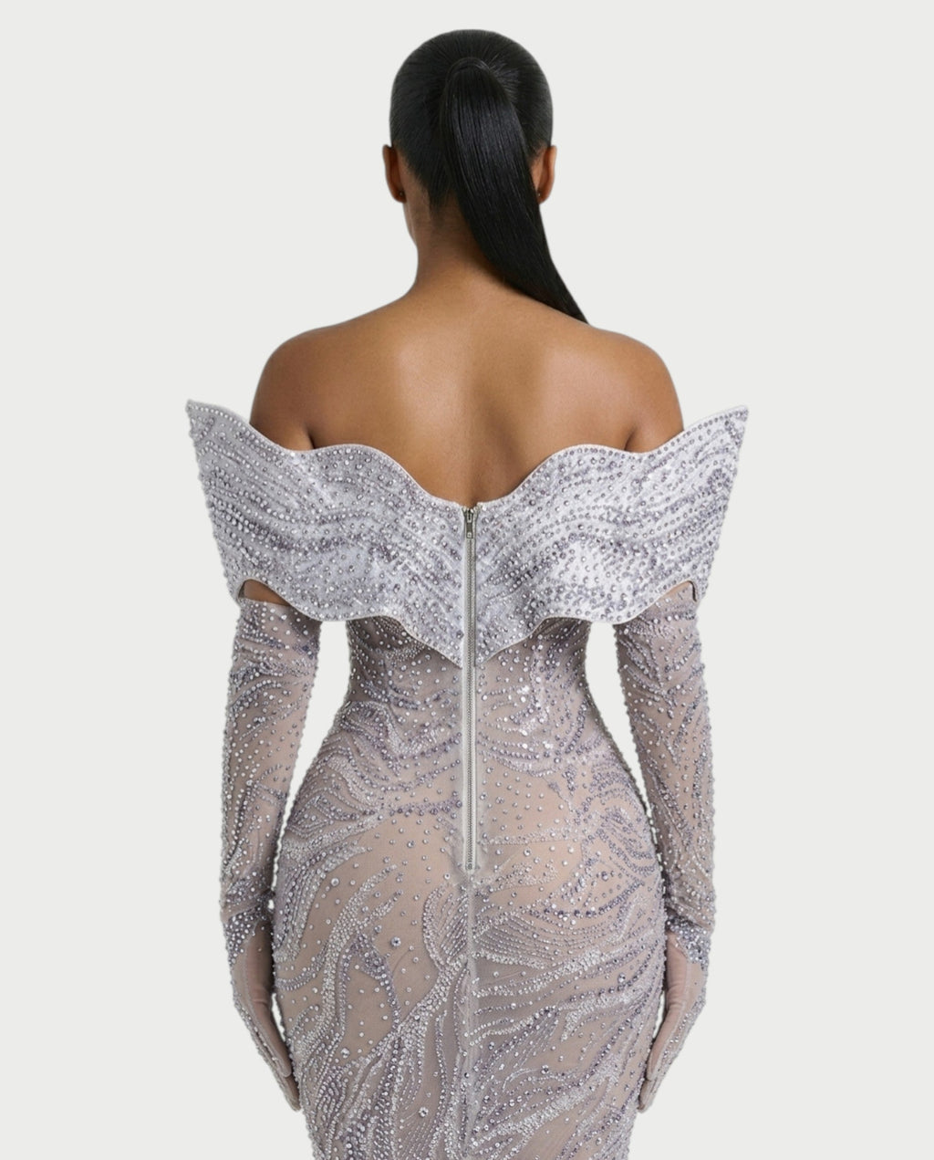 NELKA Rhinestone Off-Shoulder Mesh Maxi Dress
