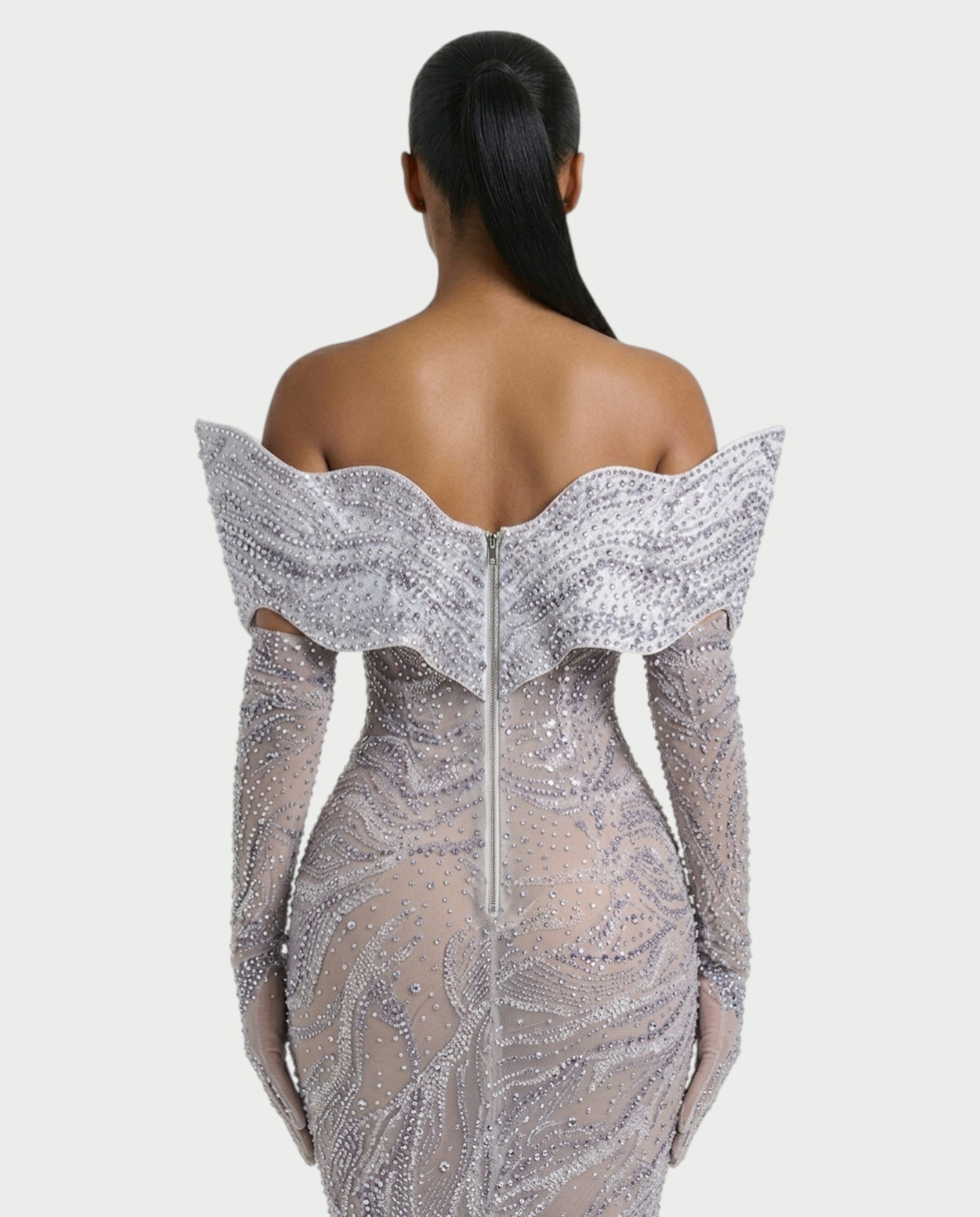 NELKA Rhinestone Off-Shoulder Mesh Maxi Dress