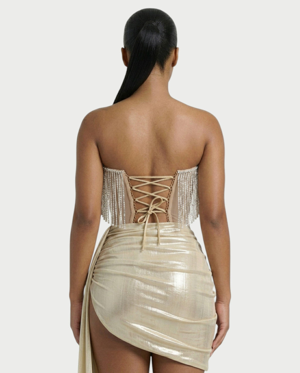 VIRELA Rhinestone Fringe Drape Metallic Mini Dress