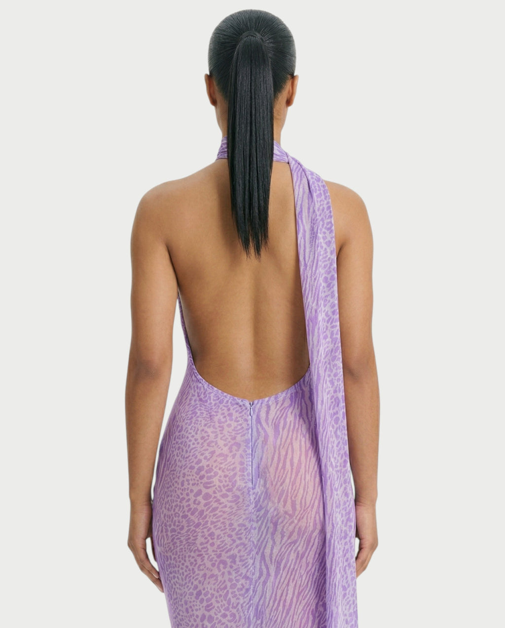 HAYANA Sheer Leopard Scarf Detail Backless Maxi Dress