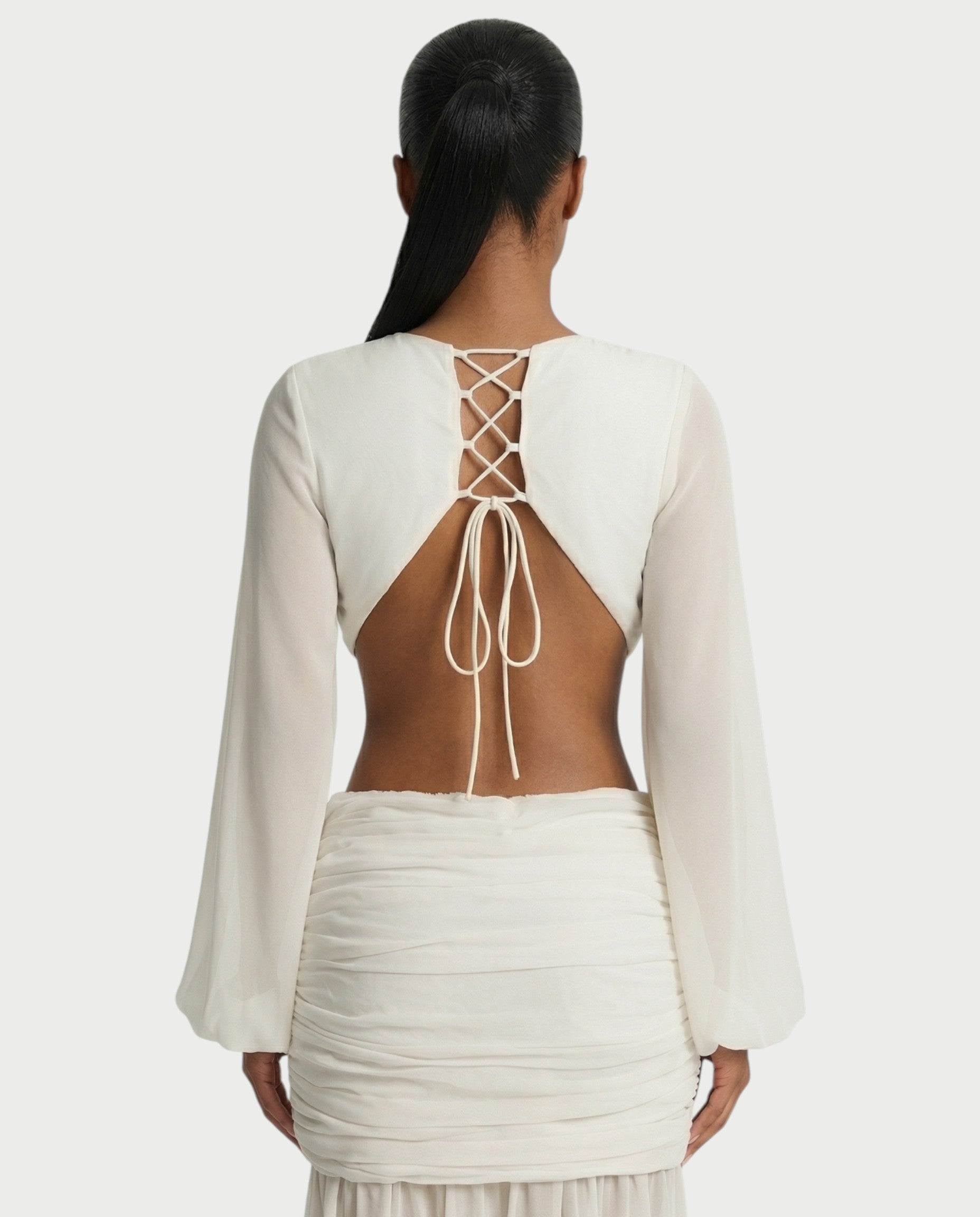 RAIZA Open Back Draped Chiffon Maxi Dress