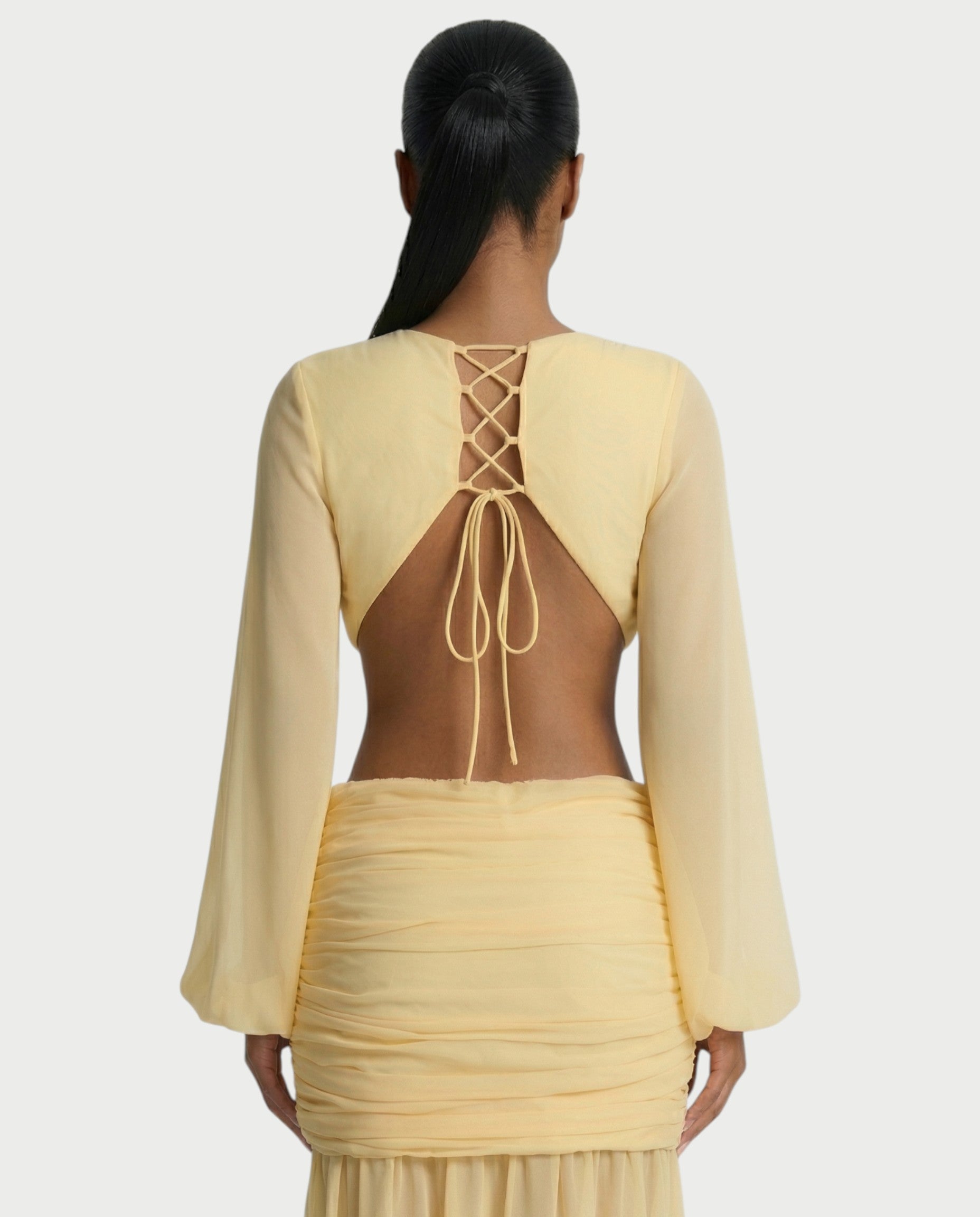 RAIZA Open Back Draped Chiffon Maxi Dress