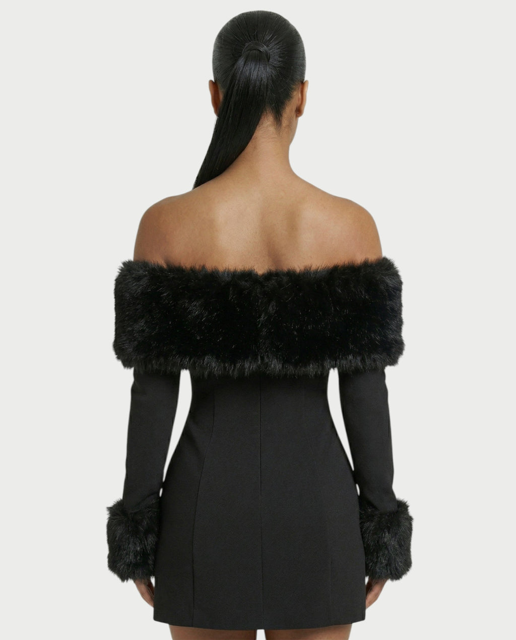 NIRAYA Off-Shoulder Faux Fur Trim Mini Dress
