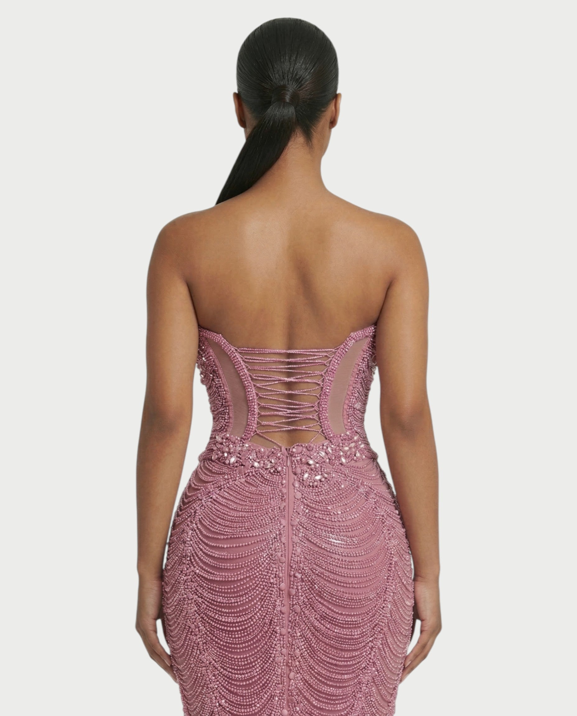 LORIN Crystal Chain Lace-Up Back Maxi Dress