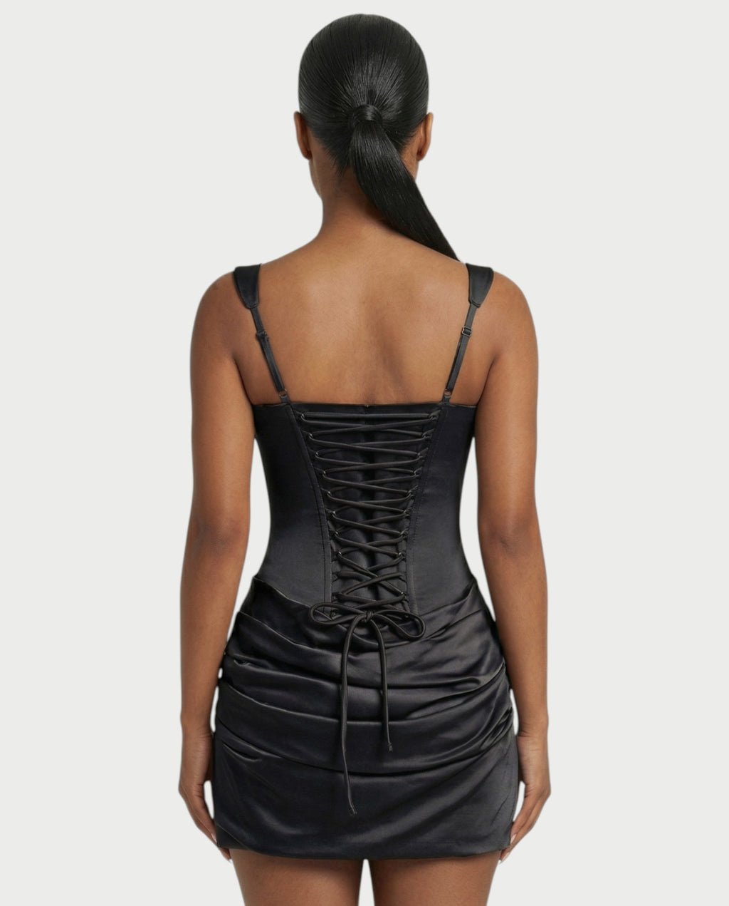 ROANE Square-Neck Ruched Satin Mini Dress