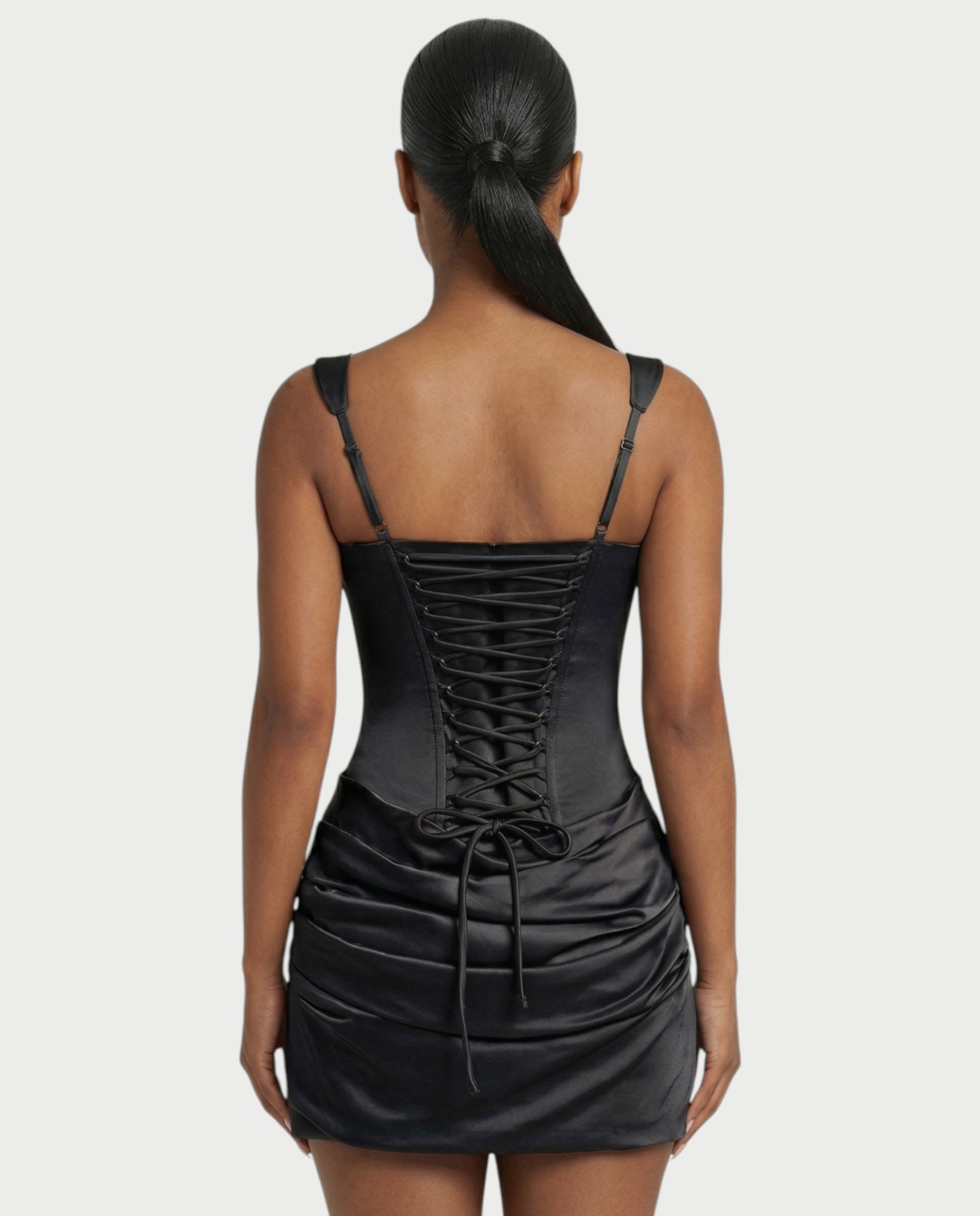 ROANE Square-Neck Ruched Satin Mini Dress