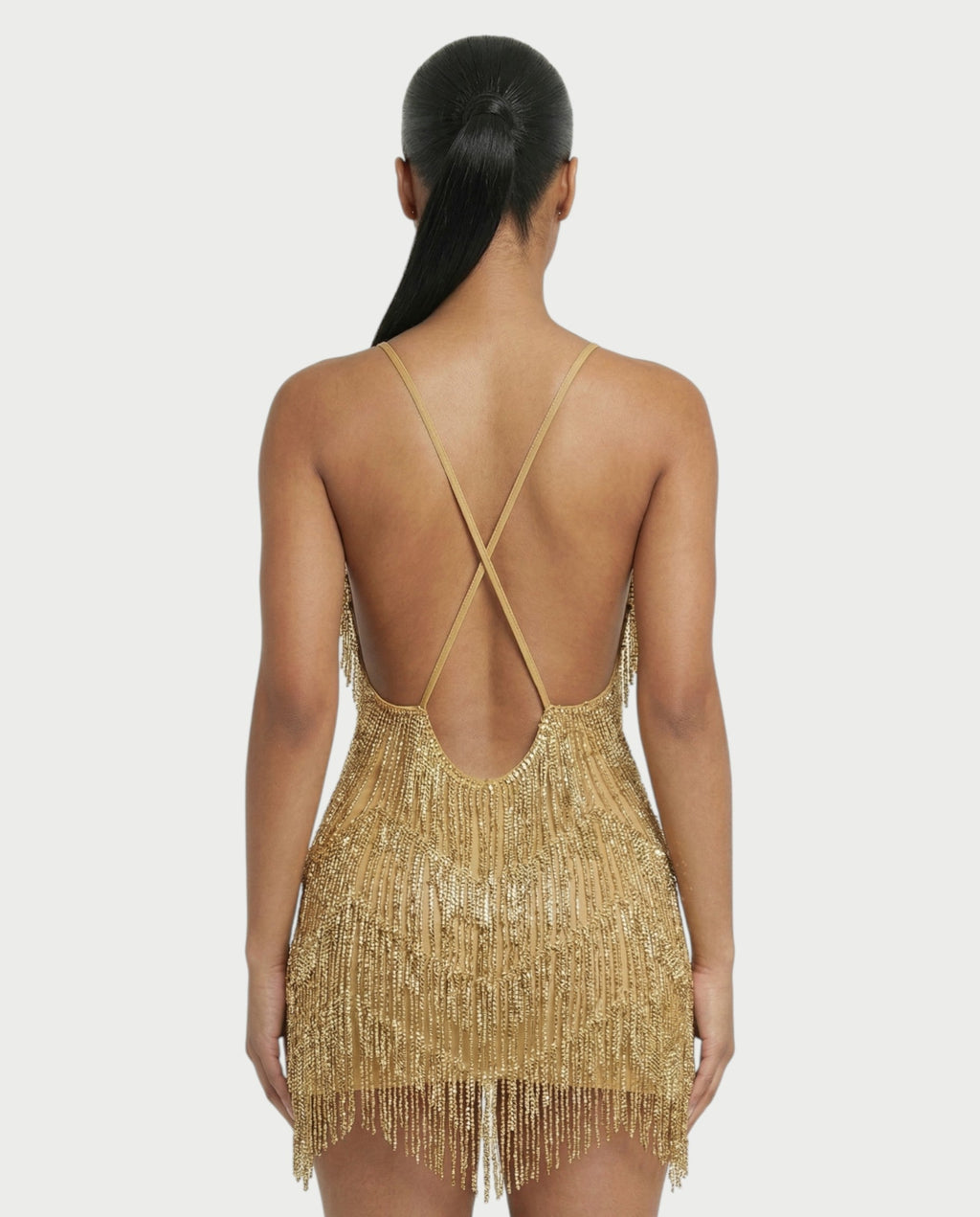 KRISSE Backless Crystal Diamond Tassel Mini Dress