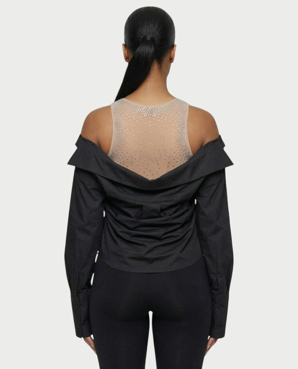 LAINE Off-Shoulder Rhinestone Shirt Top