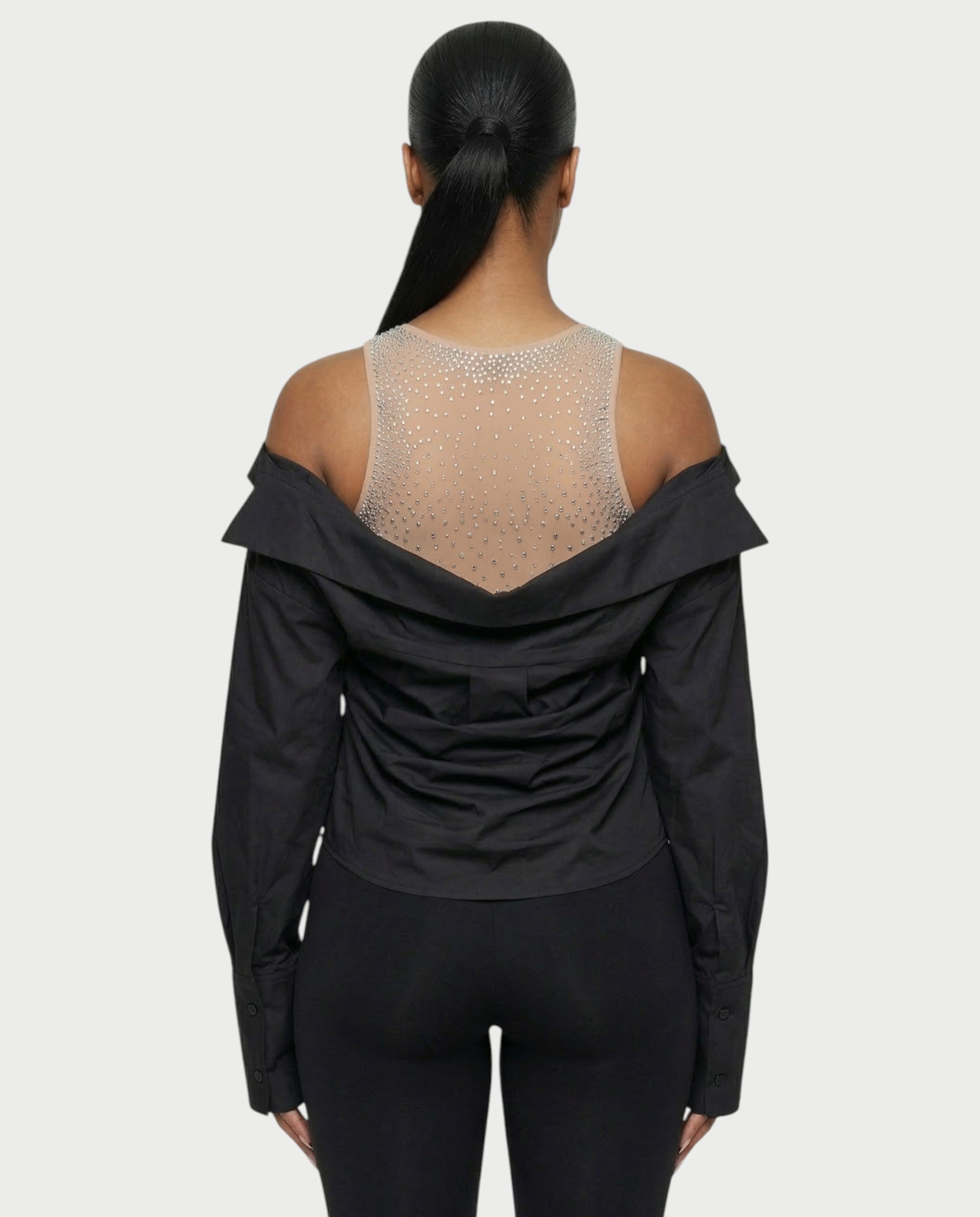 LAINE Off-Shoulder Rhinestone Shirt Top