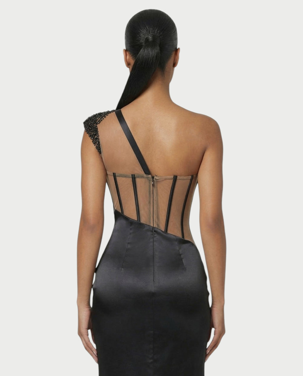 LYXEN One-Shoulder High Slit Corset Maxi Dress