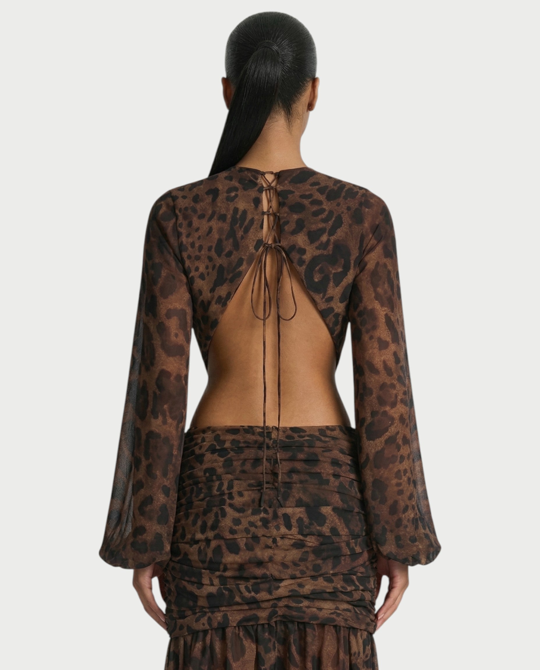 RAIZA Leopard Open Back Chiffon Maxi Dress