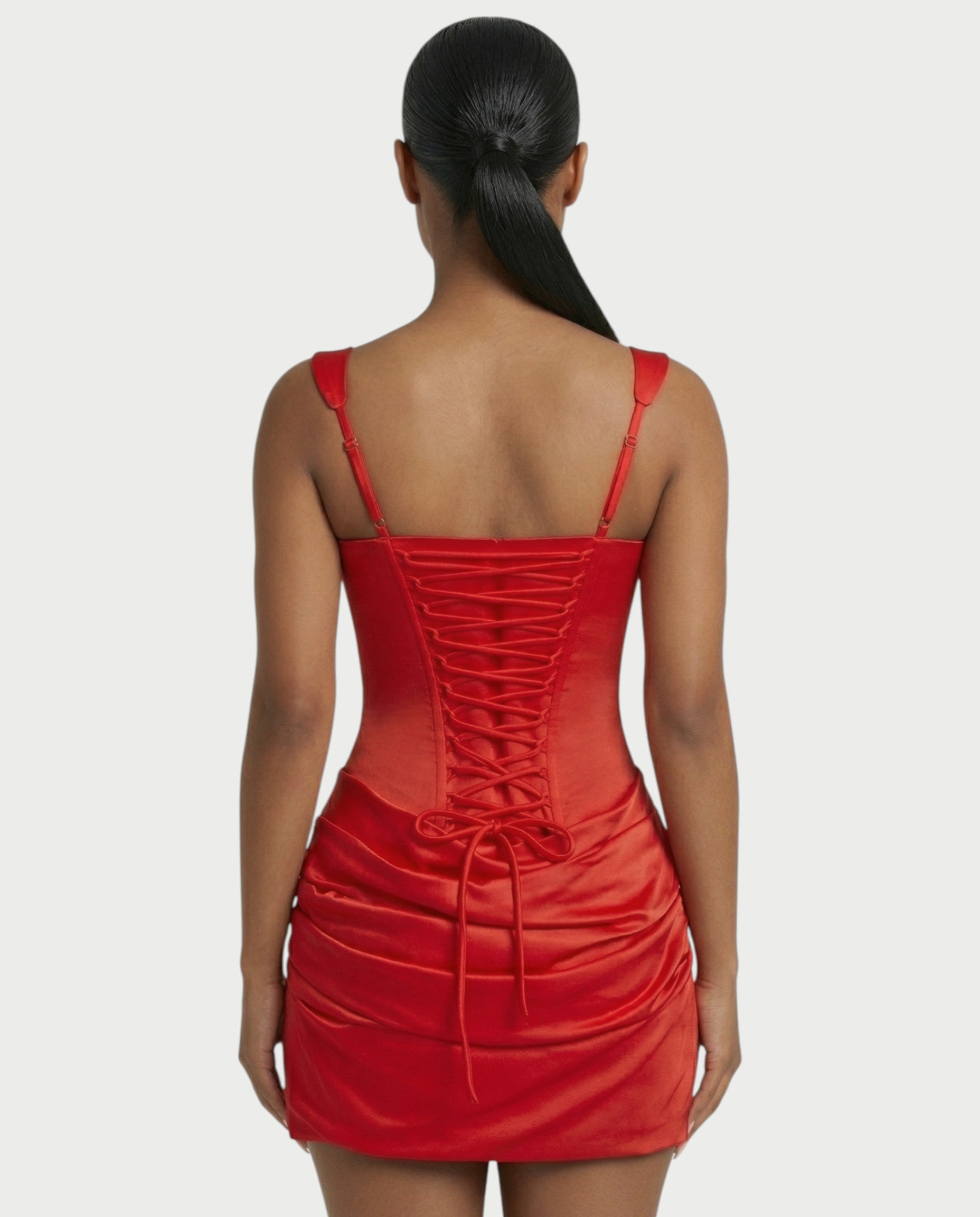 ROANE Square-Neck Ruched Satin Mini Dress