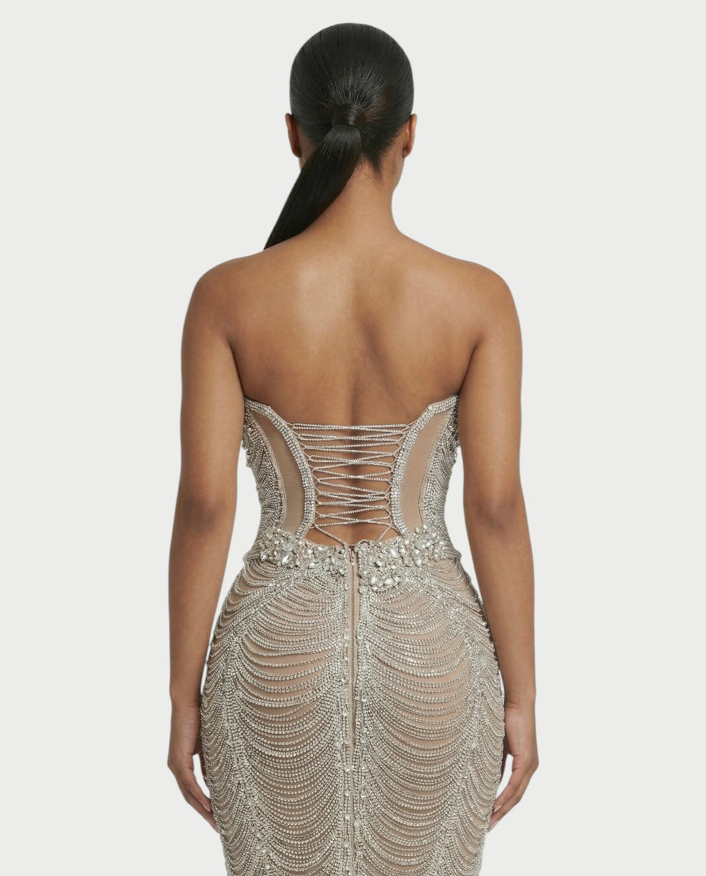 LORIN Crystal Chain Lace-Up Back Maxi Dress