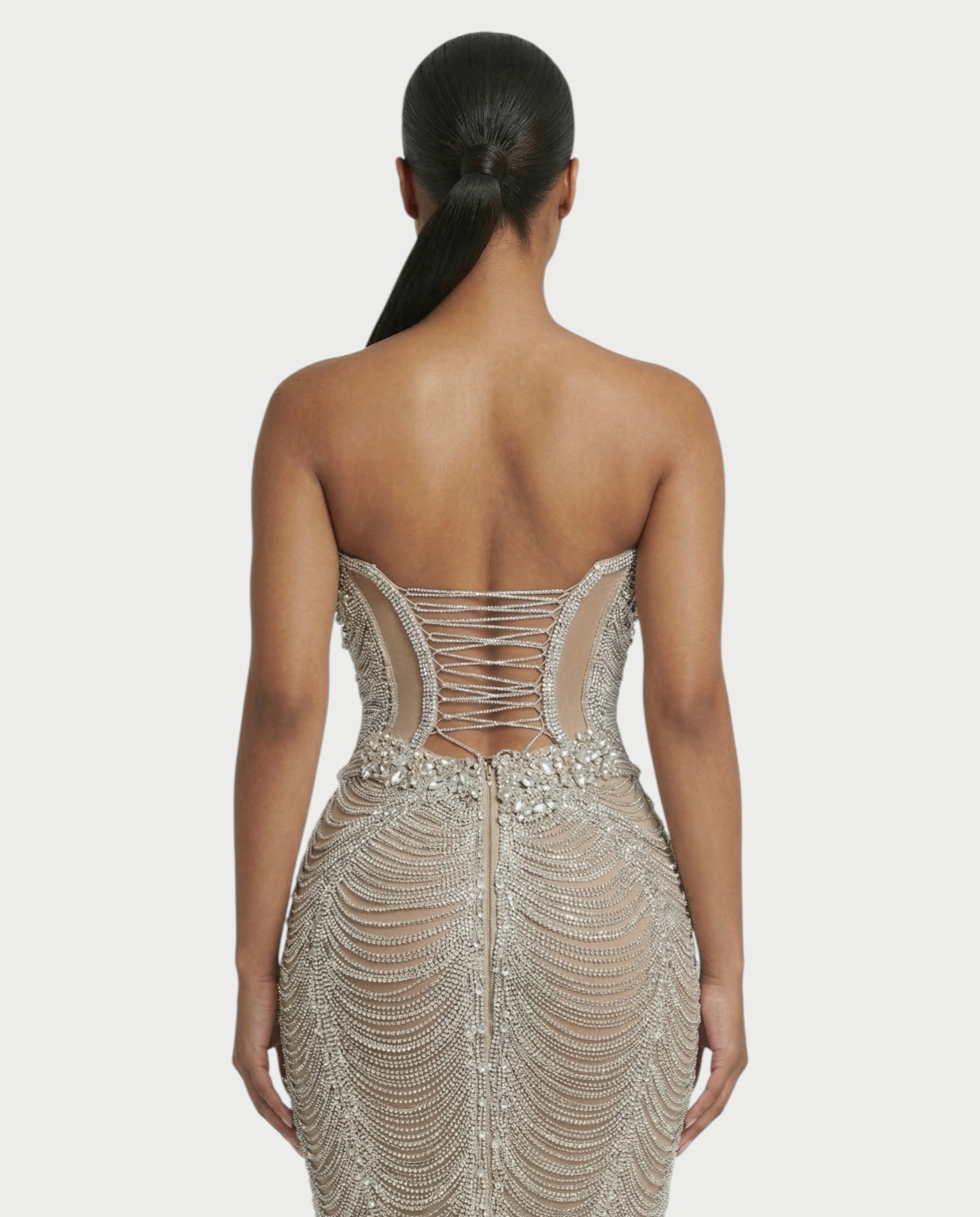 LORIN Crystal Chain Lace-Up Back Maxi Dress
