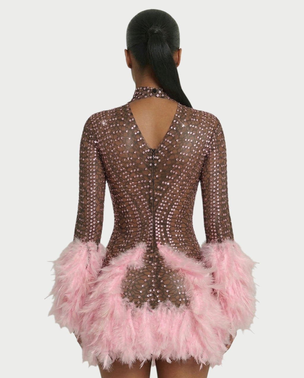 VINA Sheer Crystal Feather Trim Mini Dress