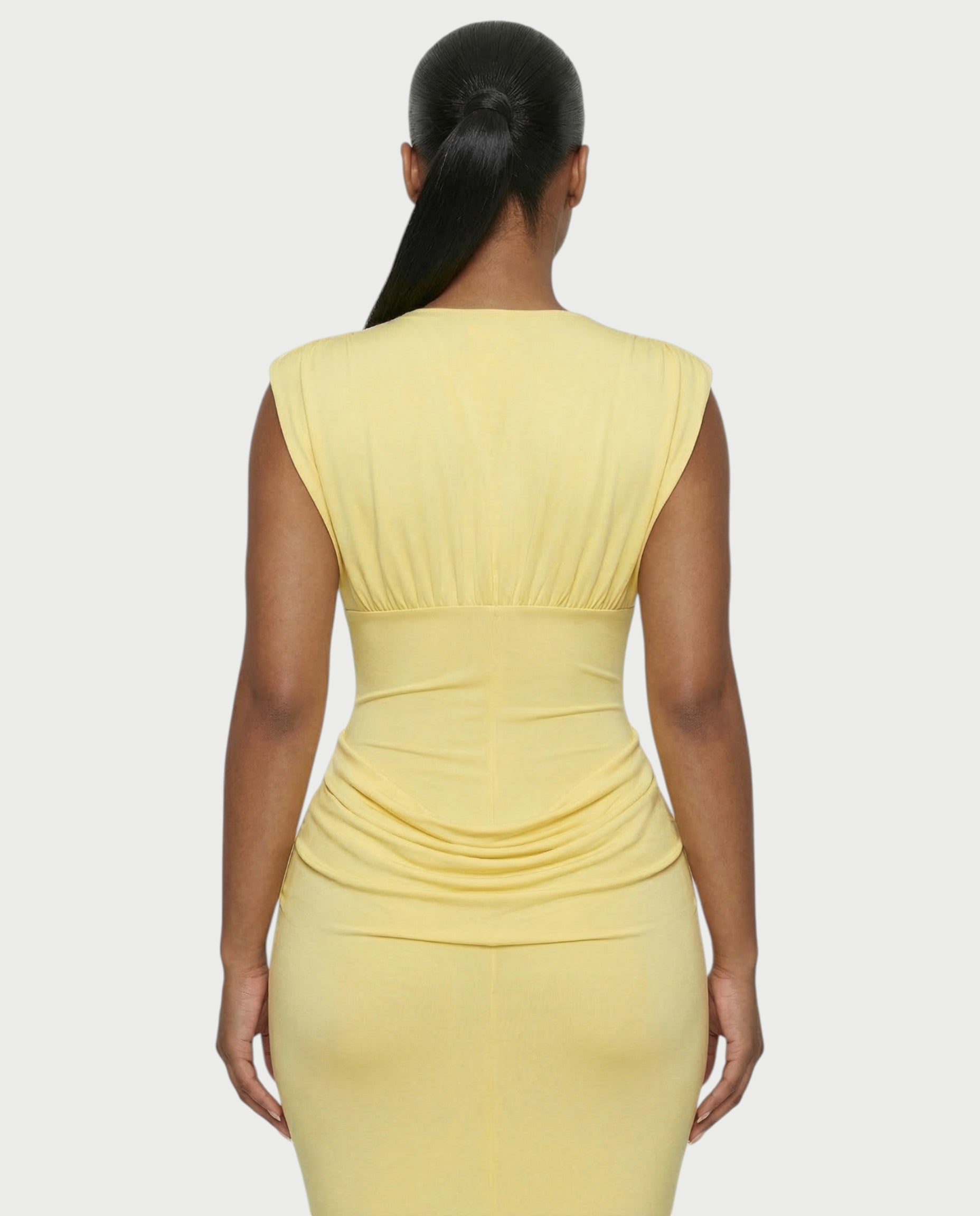 ADLEY Plunge-Neck Ruched Bodycon Maxi Dress