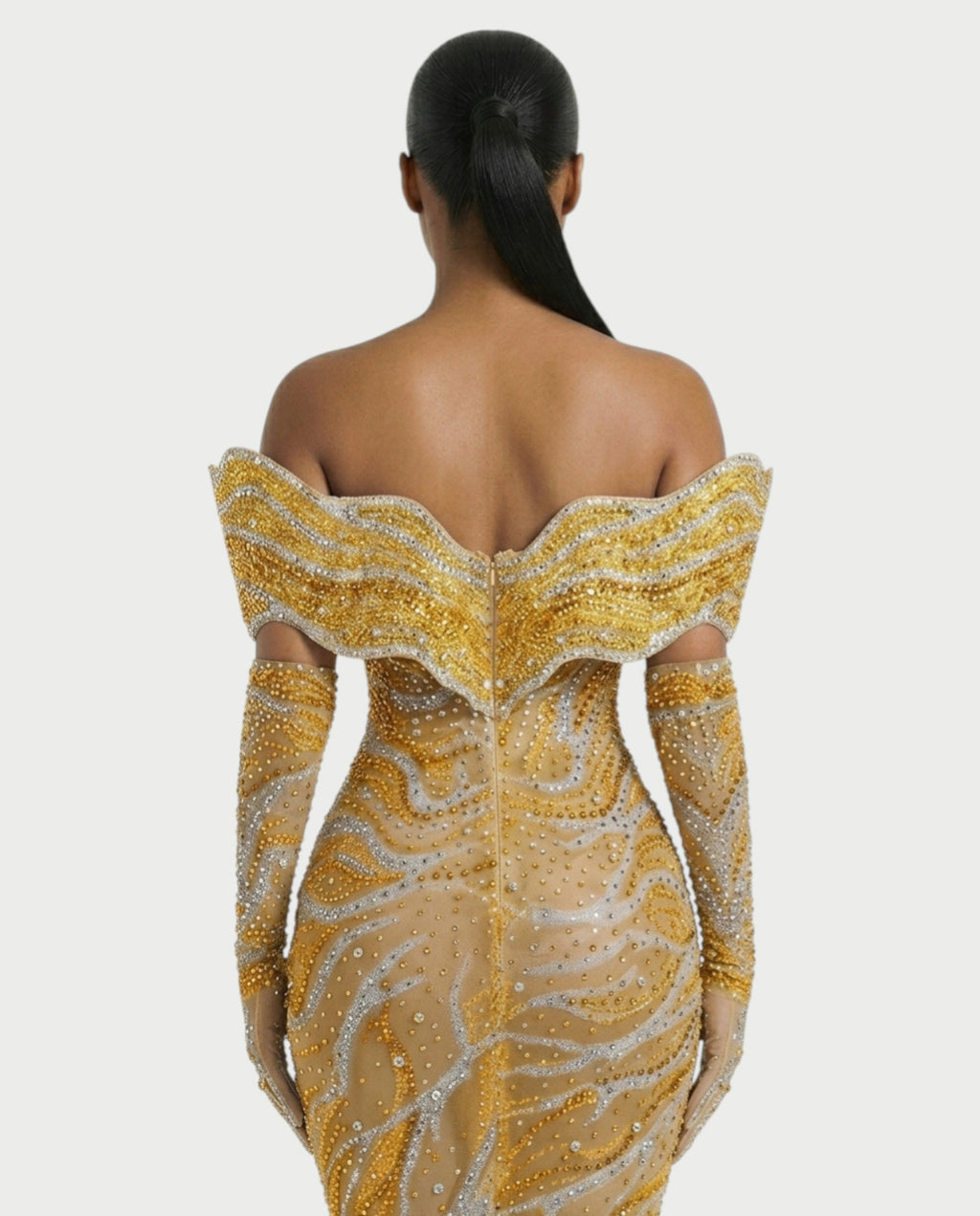 NELKA Rhinestone Off-Shoulder Mesh Maxi Dress
