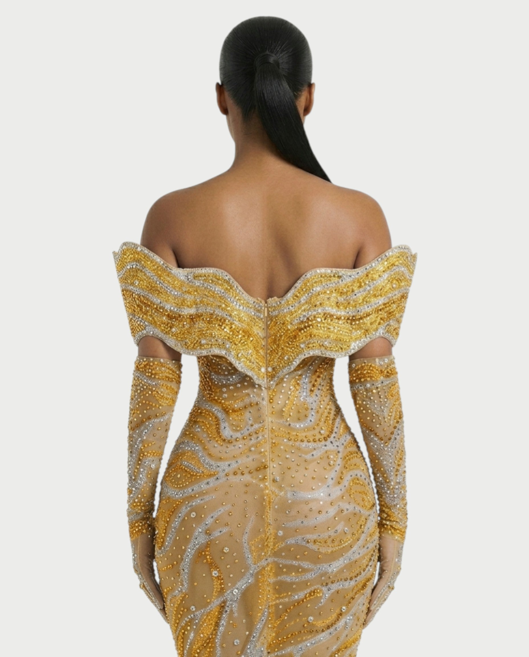 NELKA Rhinestone Off-Shoulder Mesh Maxi Dress