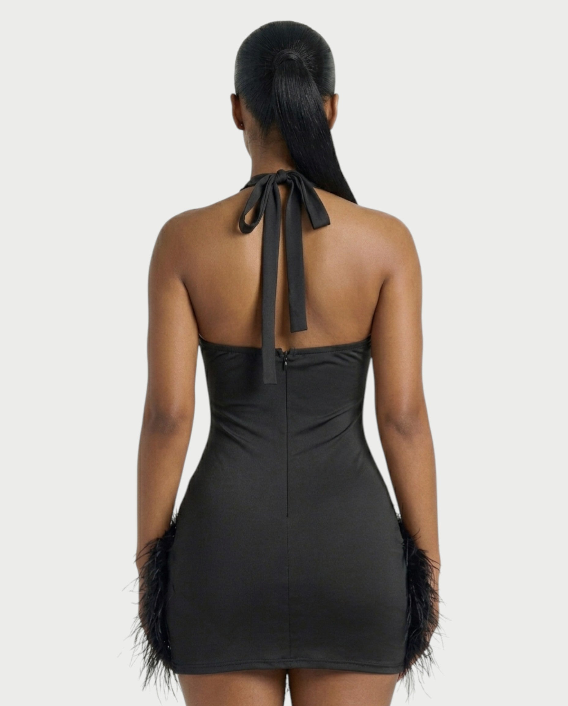 MIRAL Feather Trim Rhinestone Halter Mini Dress