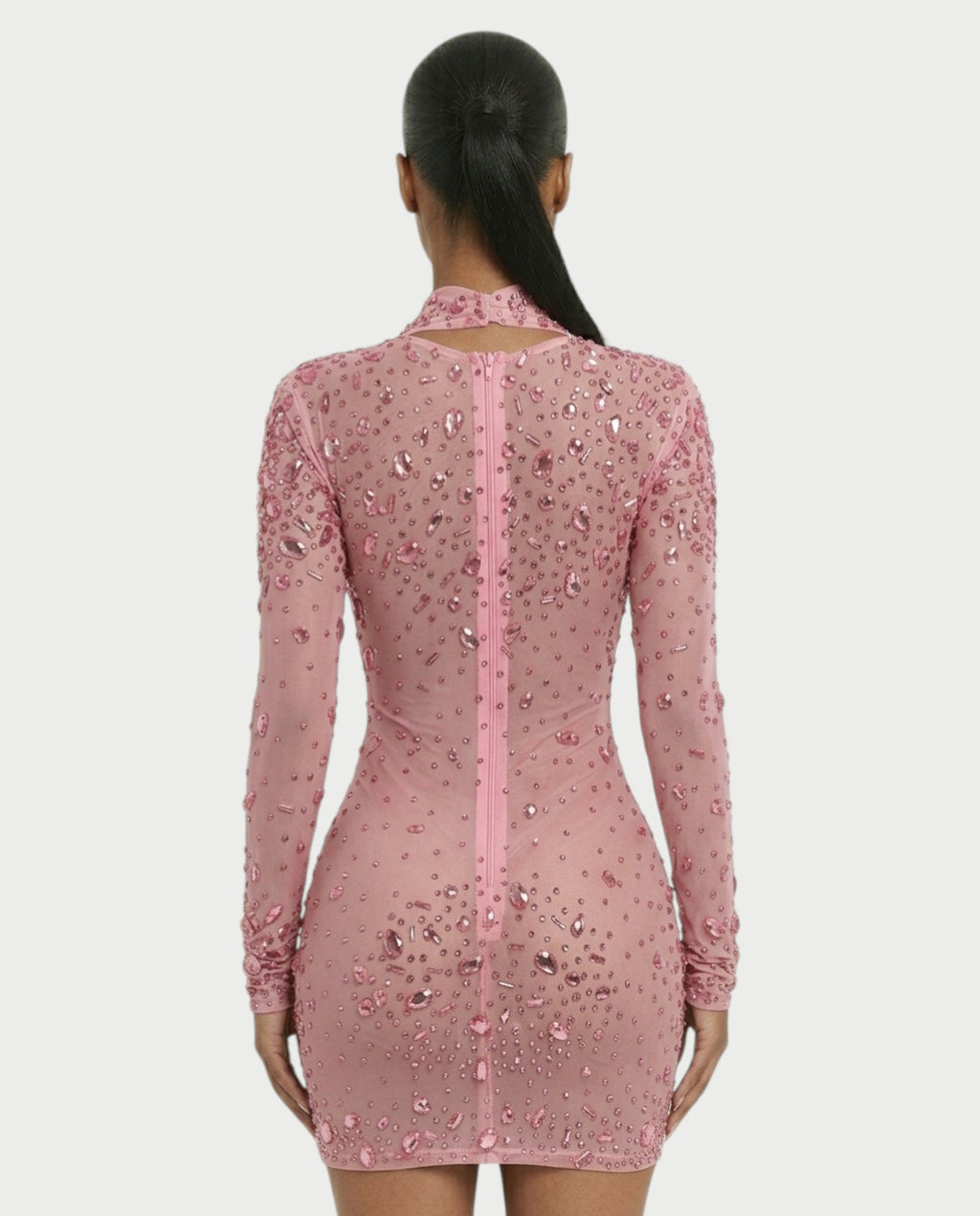 ROLANE Sheer Mesh Rhinestone Embellished Bodycon Mini Dress