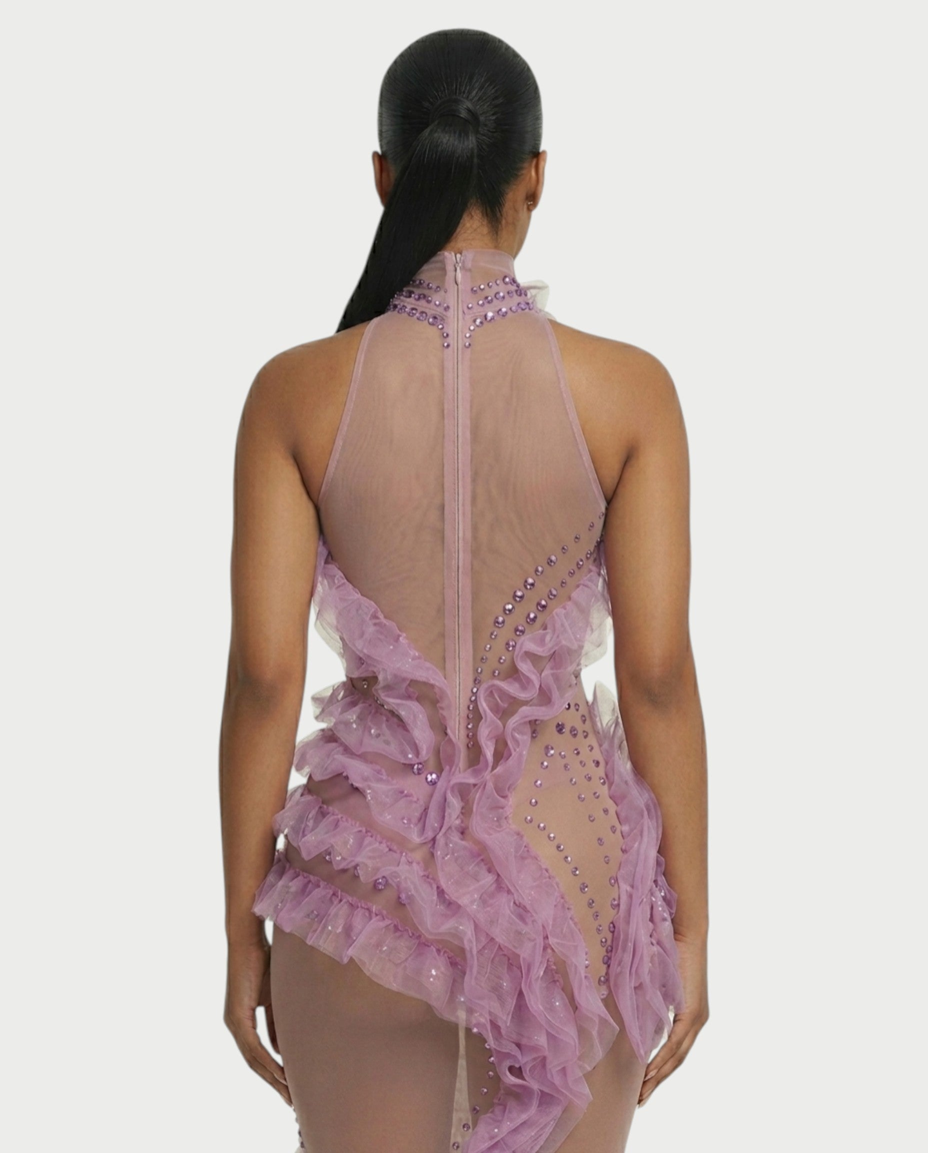 TERRIE Sheer Rhinestone & Ruffle High-Neck Maxi Dress