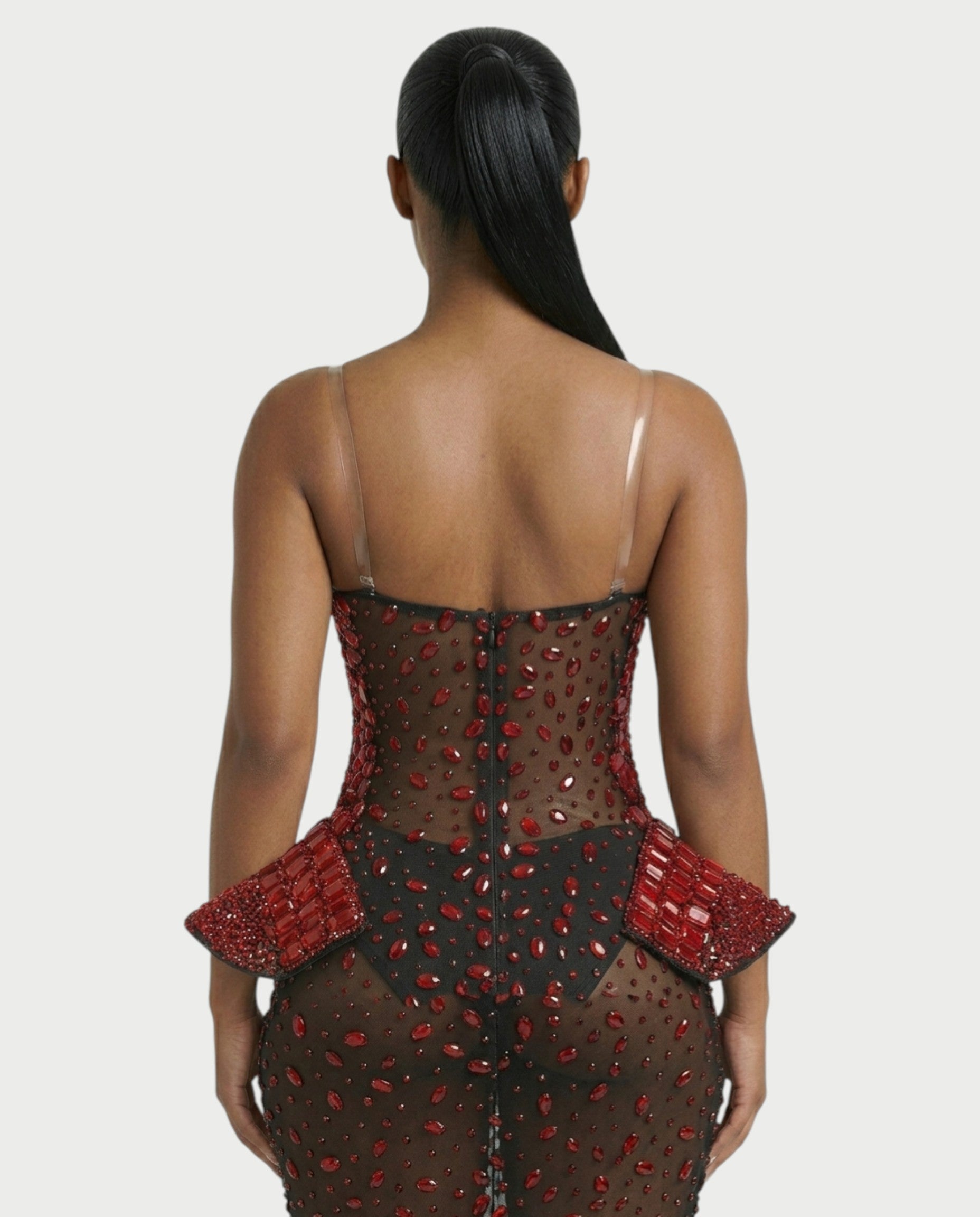 VREYS Crystal Studded Sheer Maxi Dress