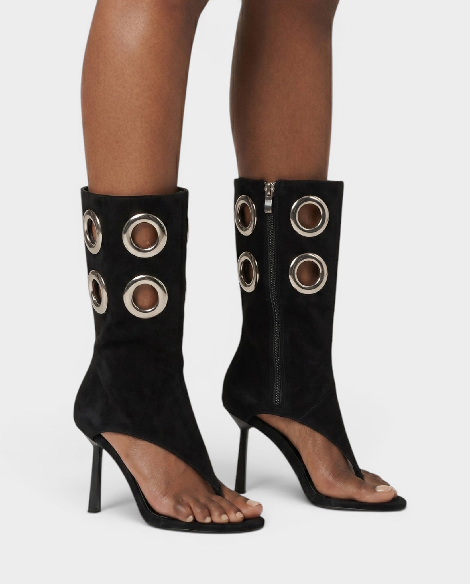KENNA Metallic Eyelet Open-Toe Stiletto Heel Boots