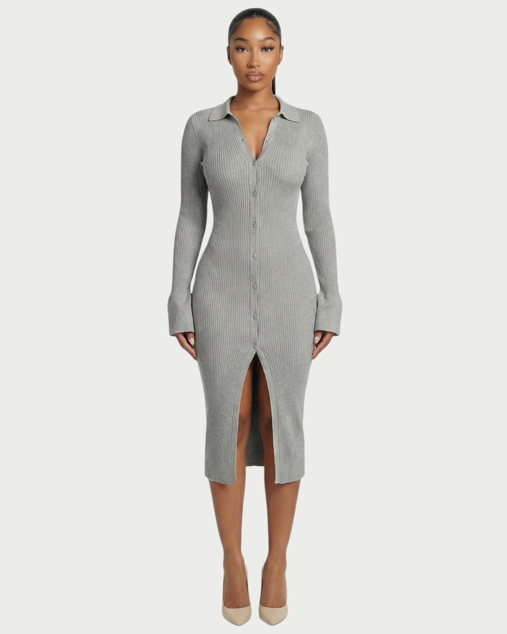 ELYSIA Ribbed Knit Collared Midi Dress