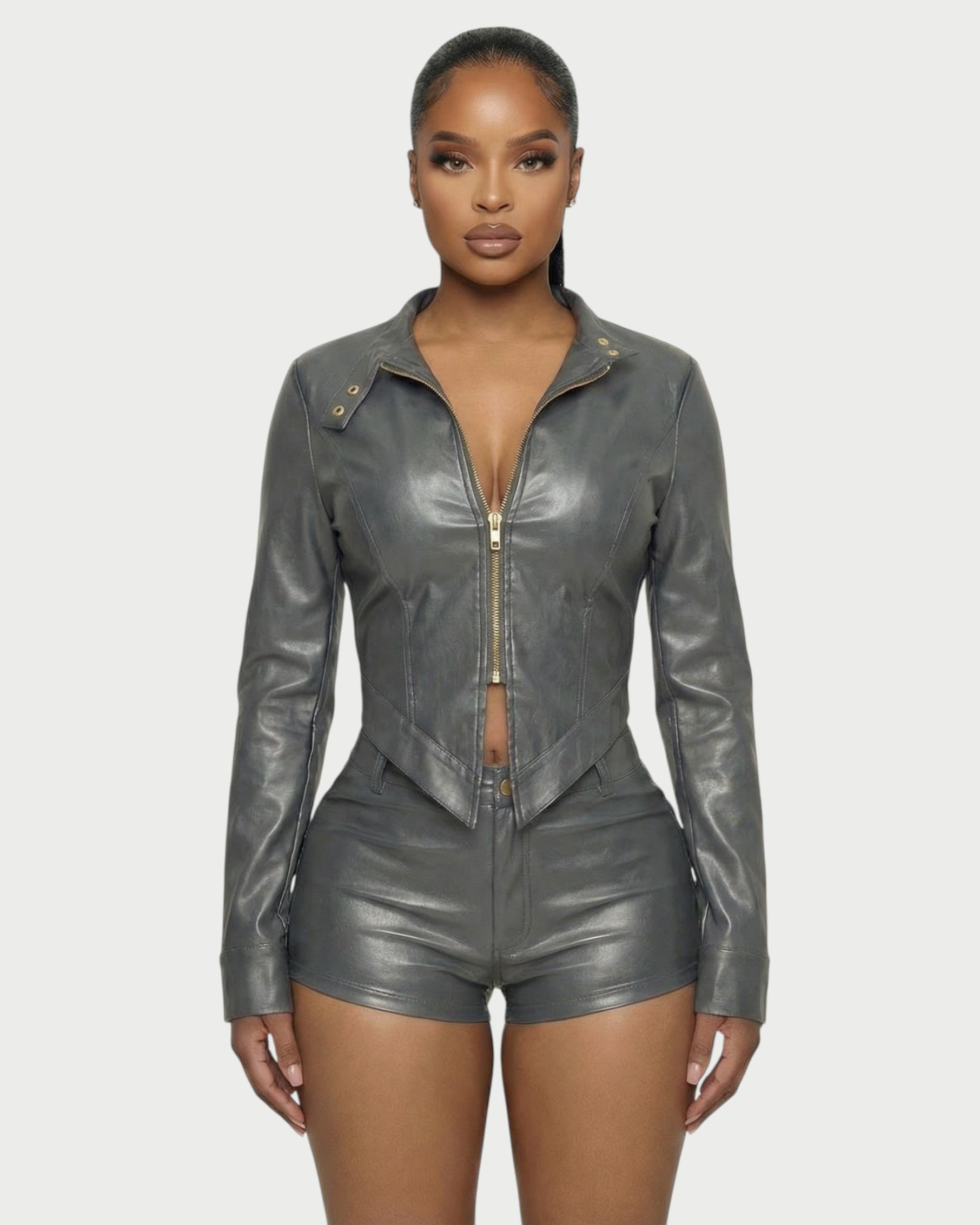 BRIXA Leather Jacket & High-Waist Shorts Set