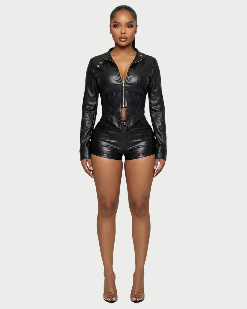 BRIXA Leather Jacket & High-Waist Shorts Set