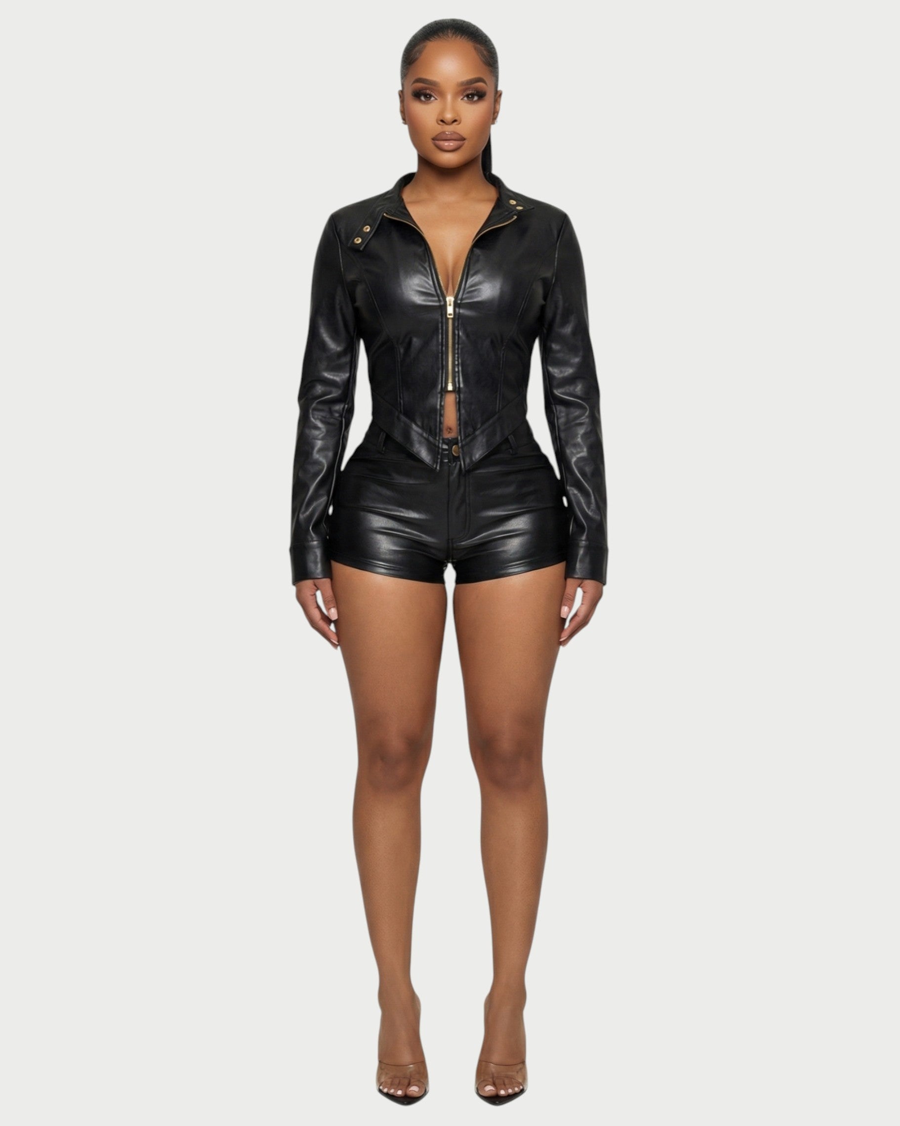 BRIXA Leather Jacket & High-Waist Shorts Set