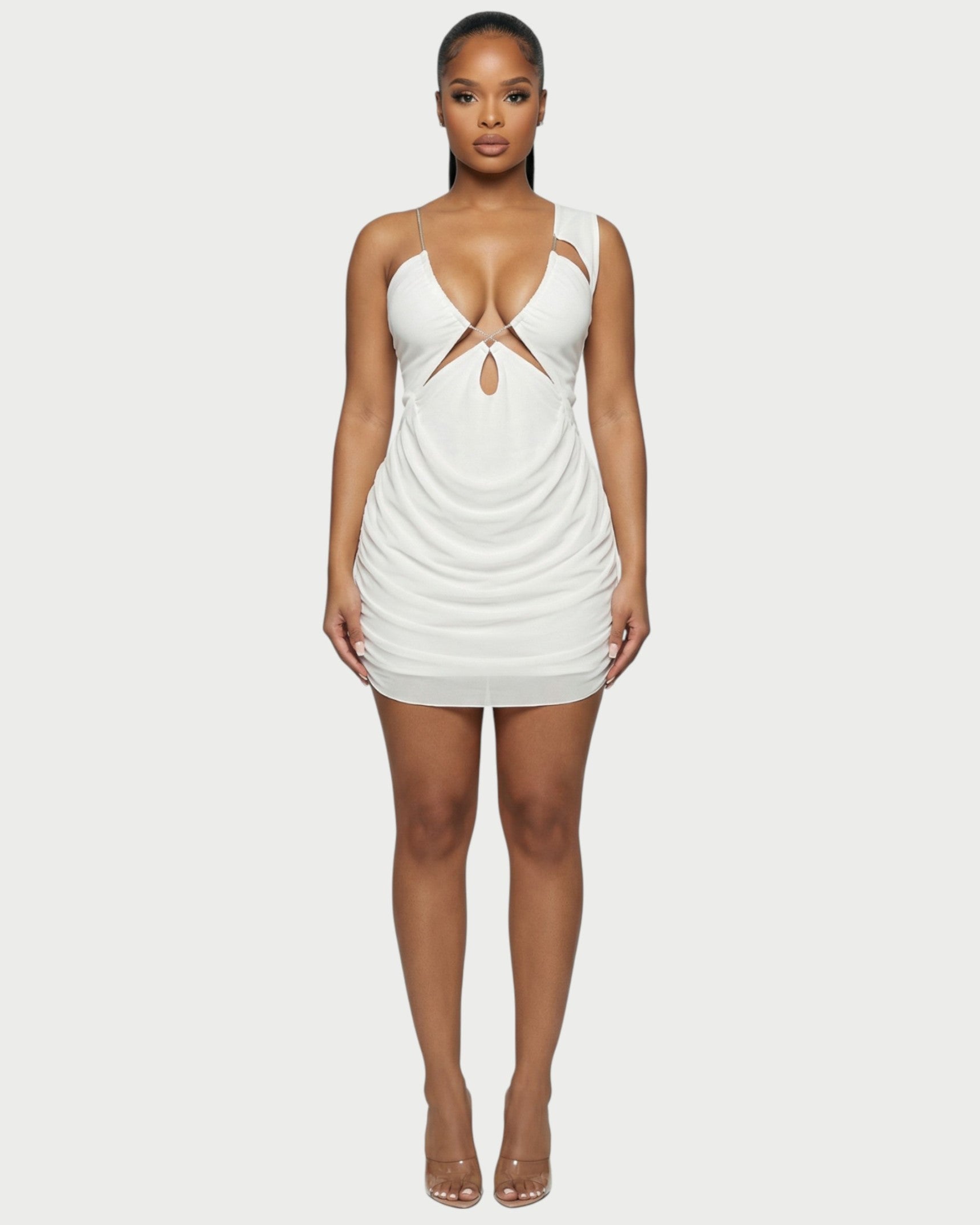 JUVIA Chain Detail Cut-Out Mesh Mini Dress